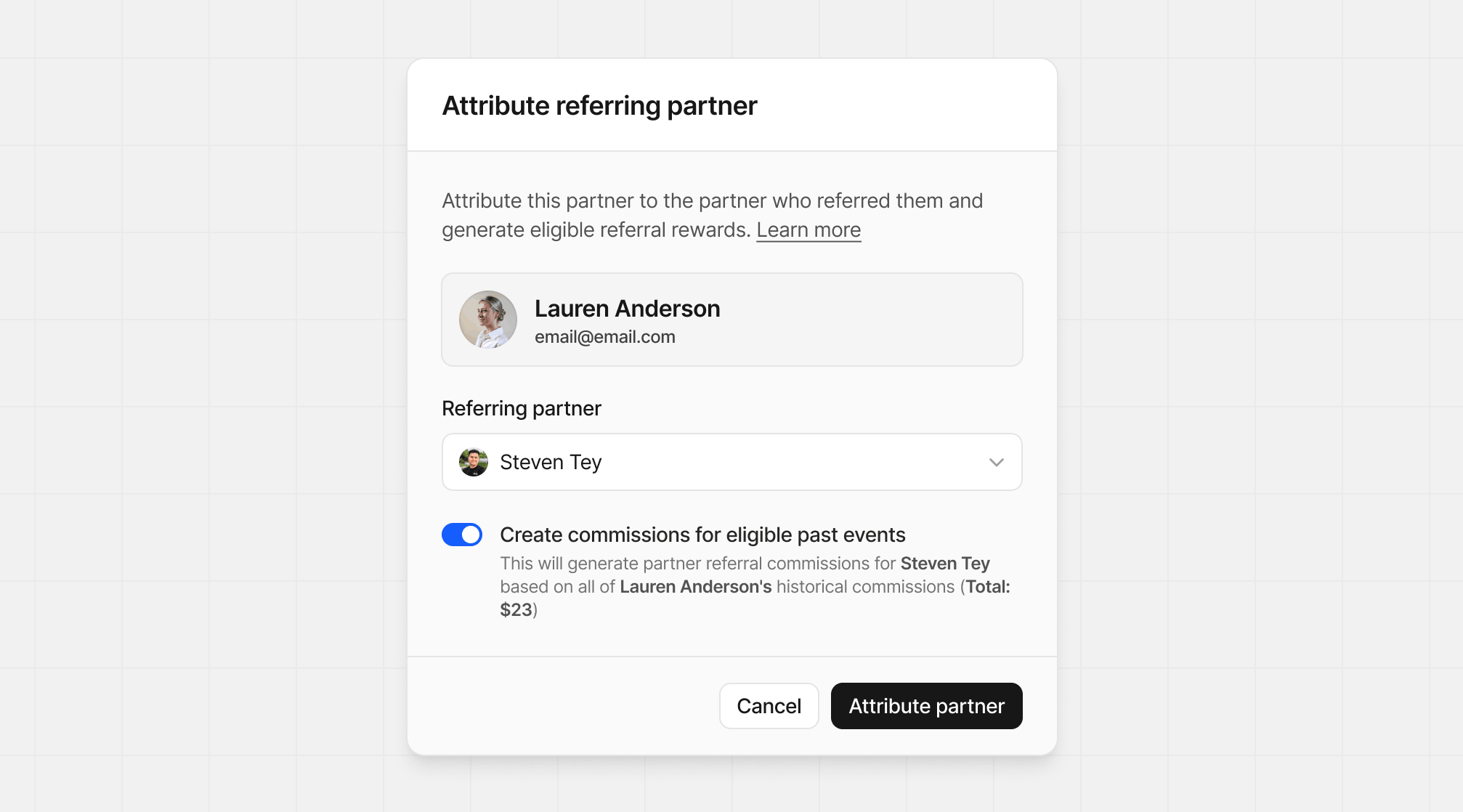 Attribute referring partner modal with create commissions option