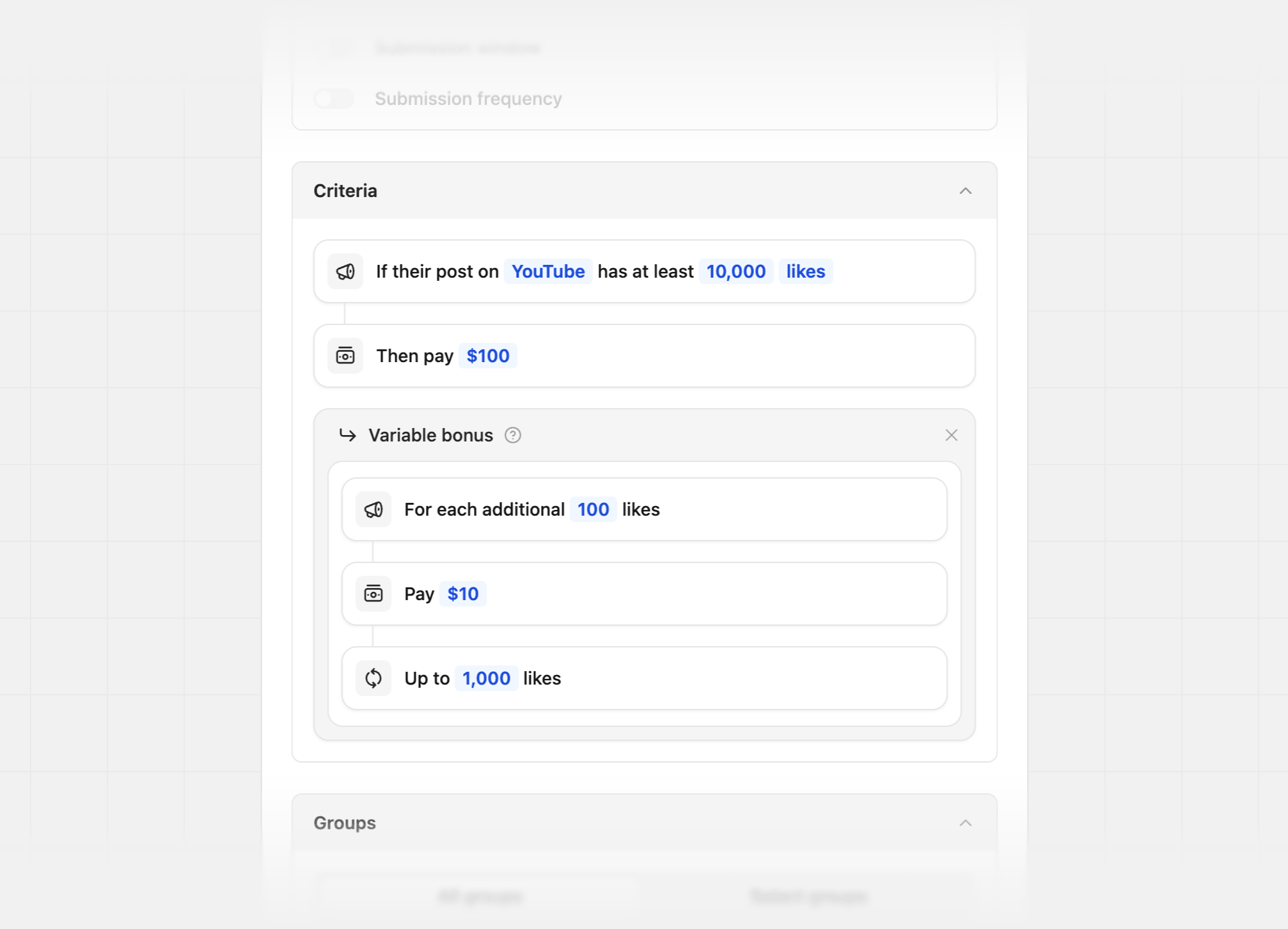 Social metric — variable bonus configuration
