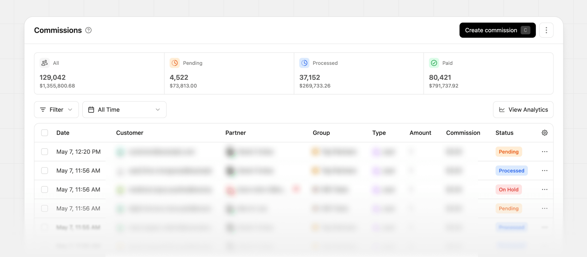 Commissions page within your dashboard