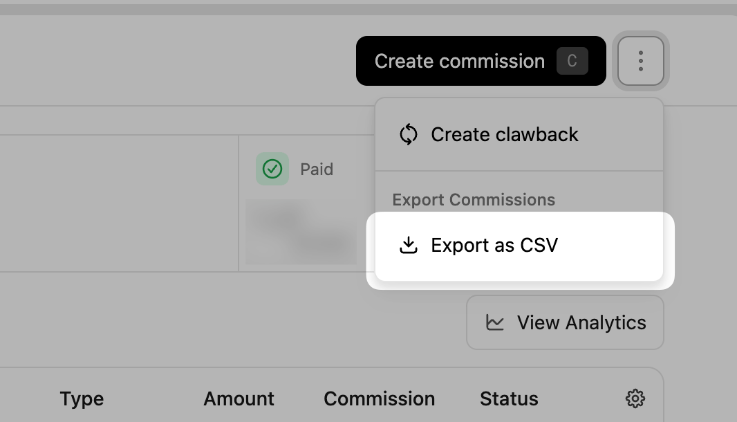 Commissions dropdown with export option