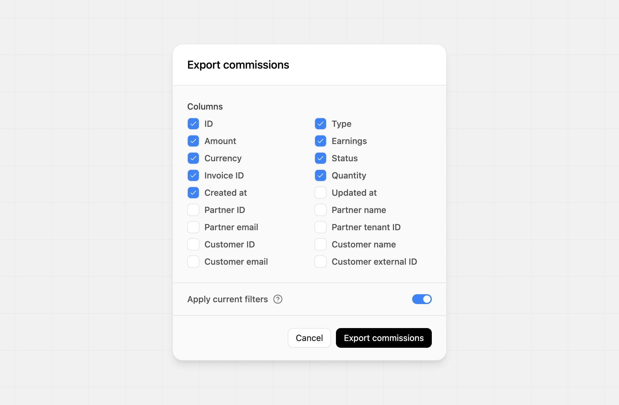 Commission export options modal