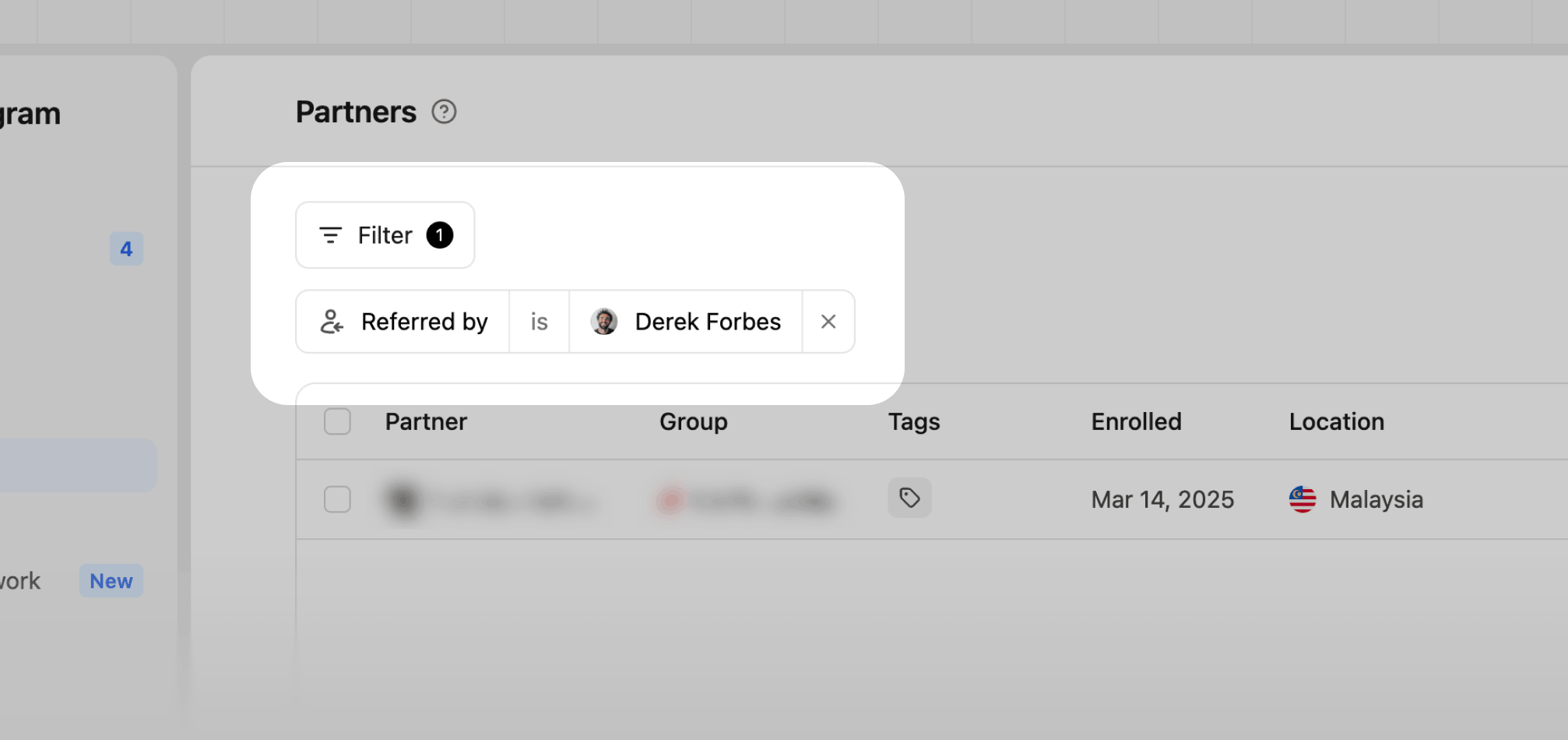 Partner referrals filtered table