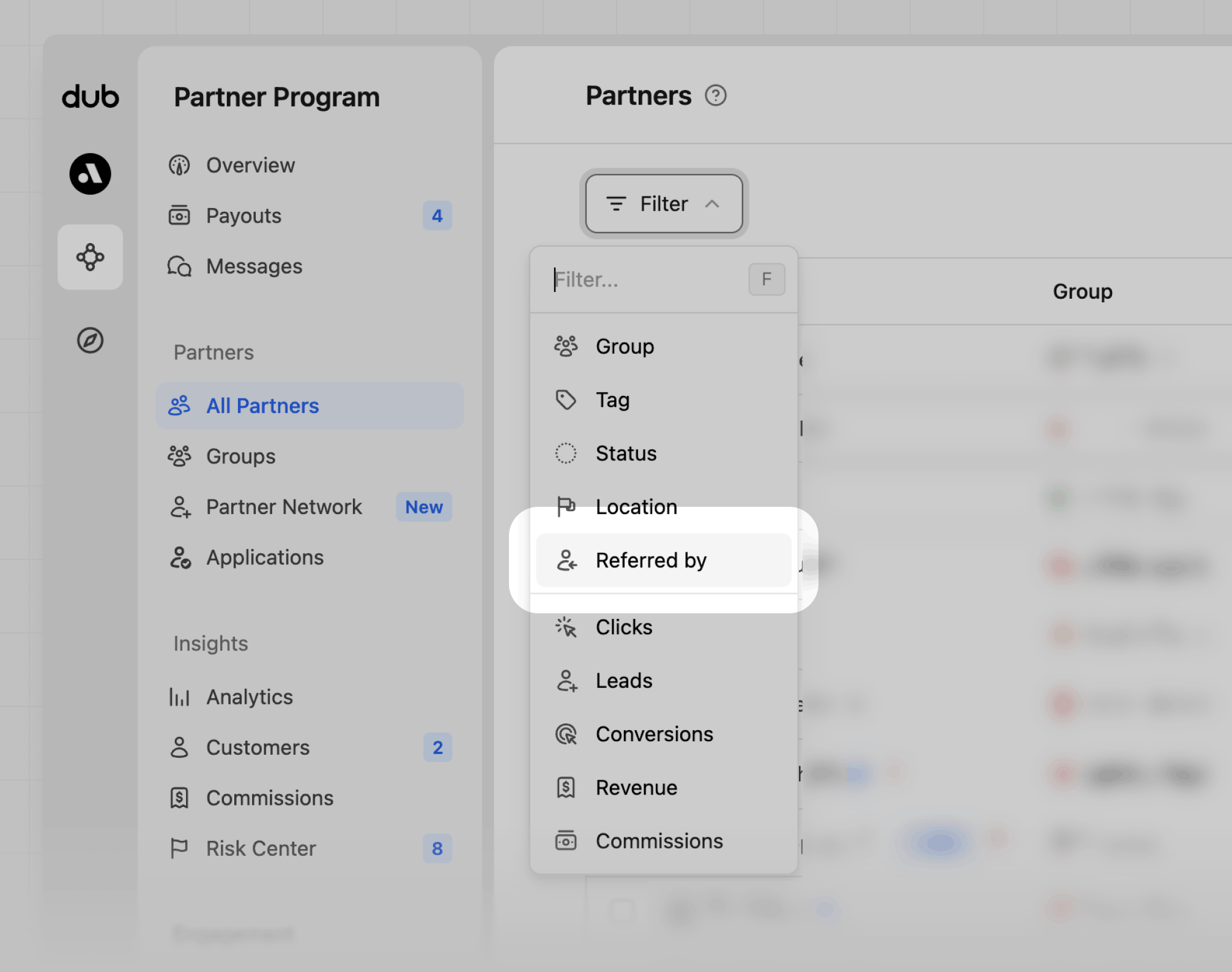 Partner referrals filter selection
