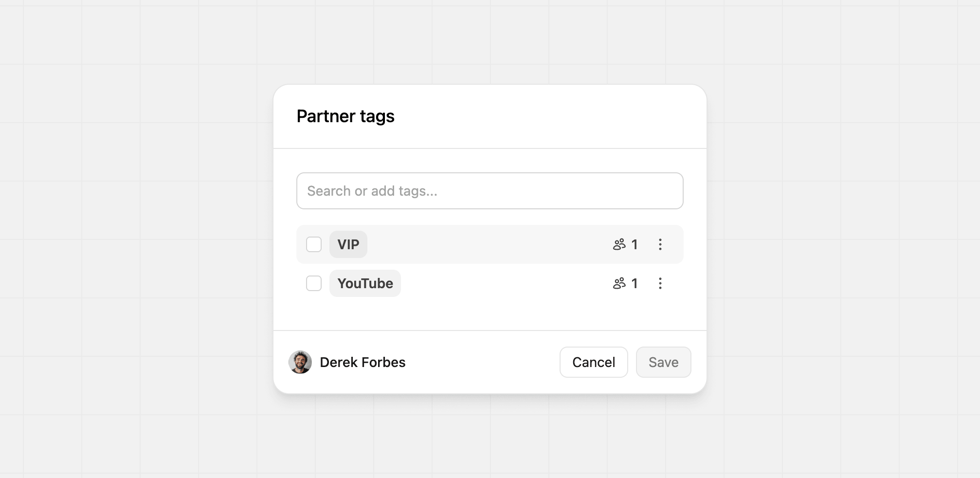 Selecting partner tags from the tags modal