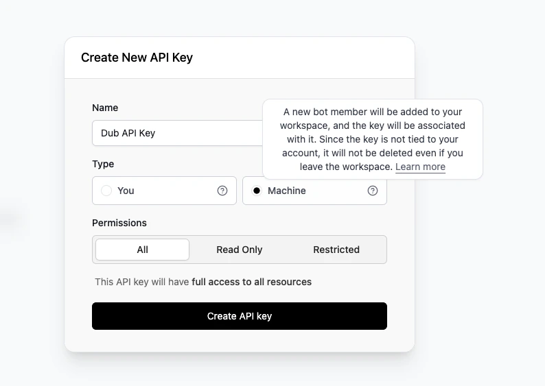 Creating an API key associated with a machine user on Dub