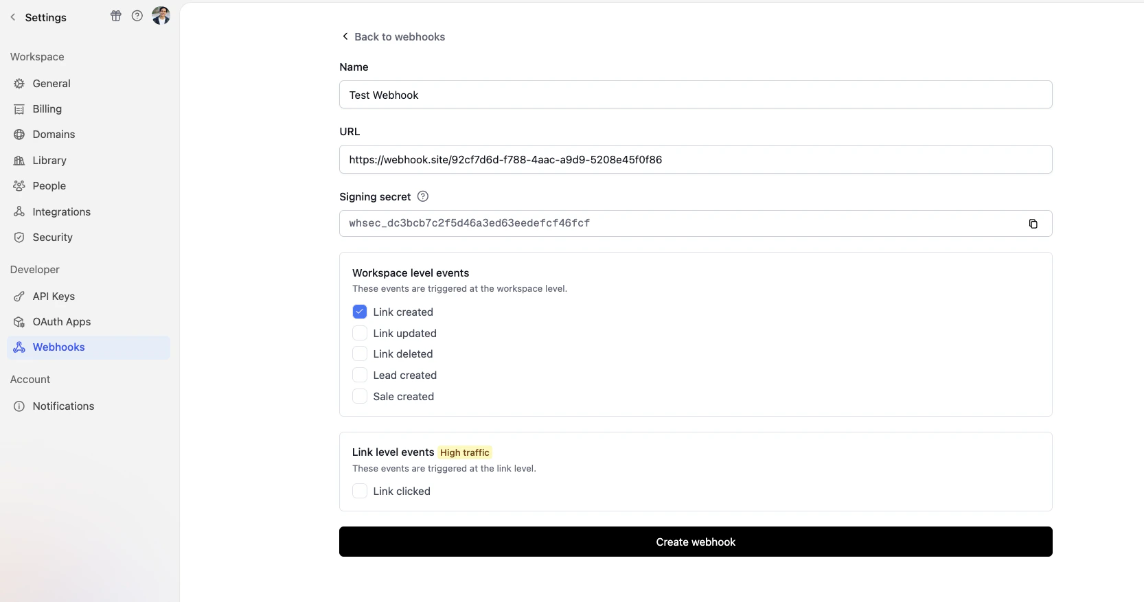 Create Webhook Form