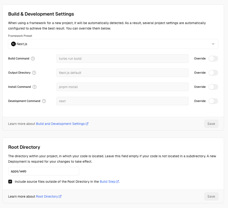 Vercel Deploy settings