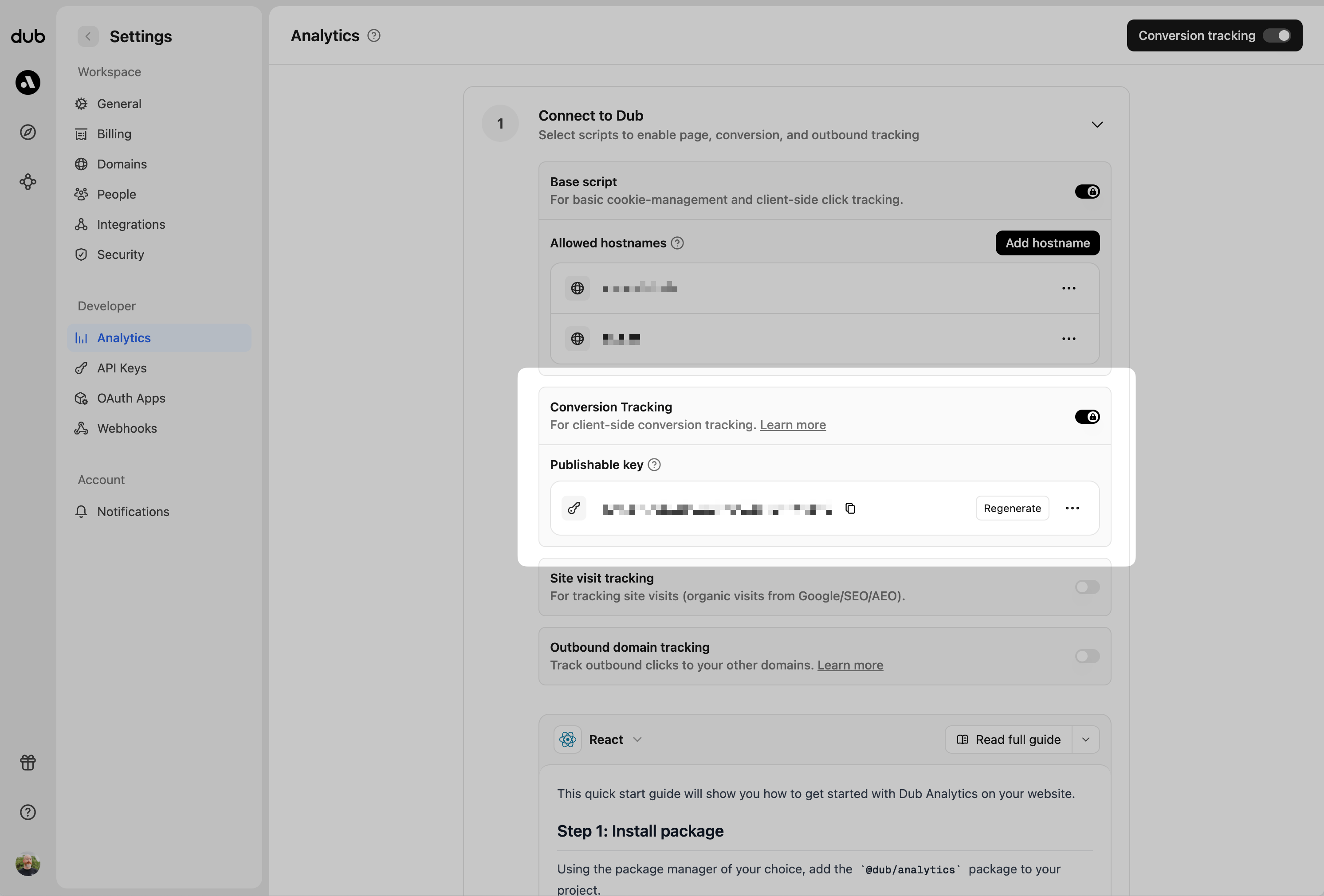 Enabling conversion tracking for a workspace