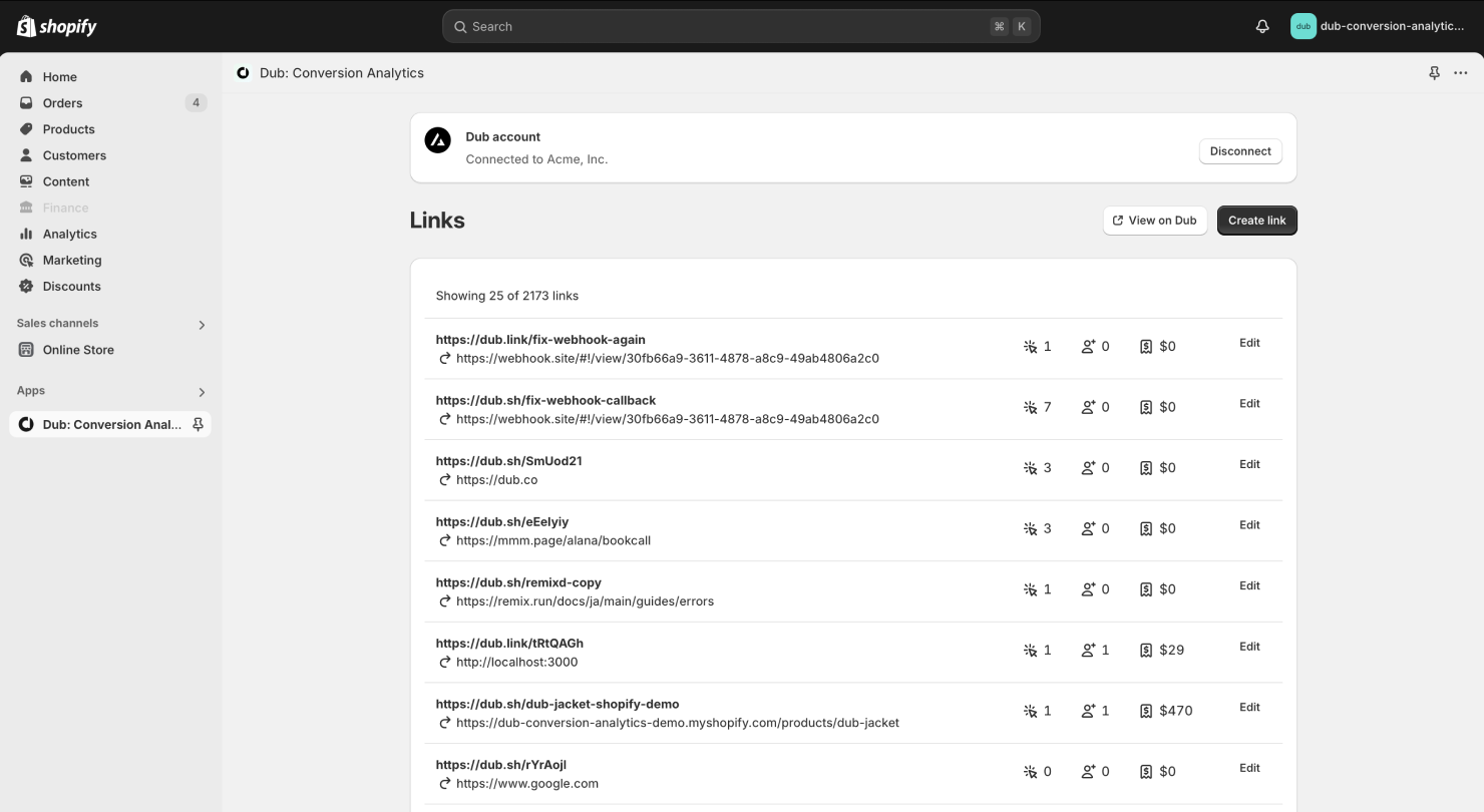 The list of links in your Dub workspace
