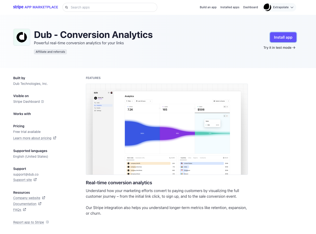 The Dub integration page on the Stripe App Marketplace
