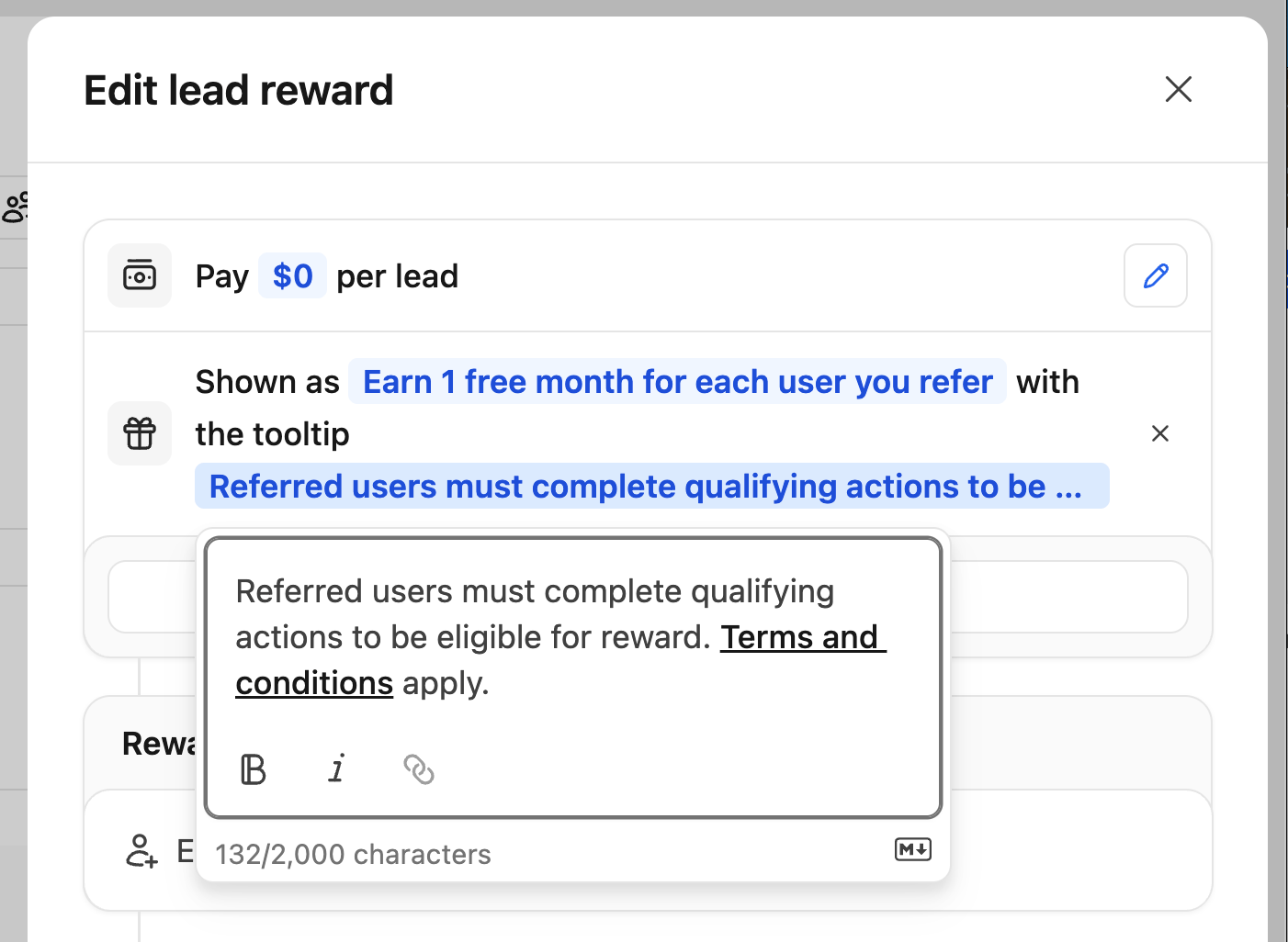 Lead reward description tooltip