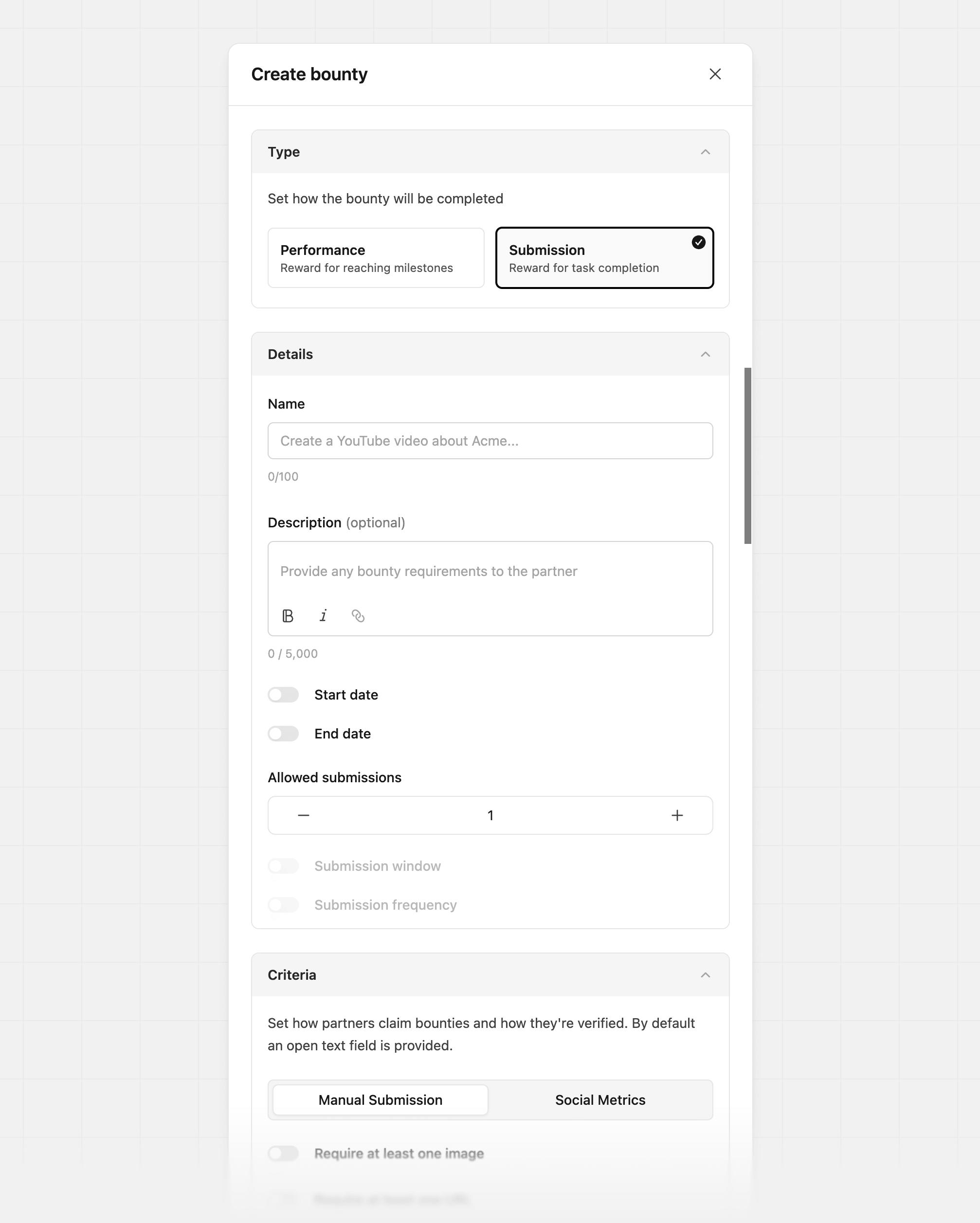 Create submission bounty