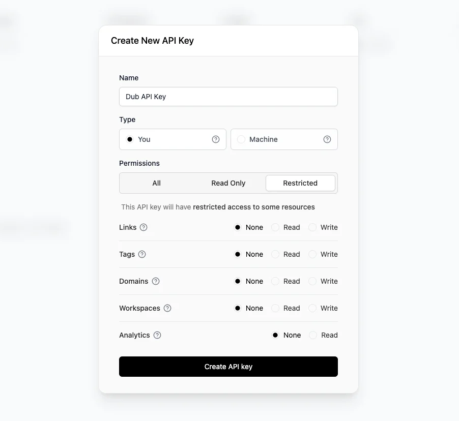 Add new API key on Dub