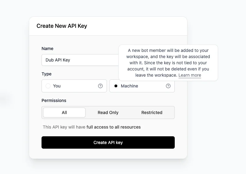 Creating an API key associated with a machine user on Dub