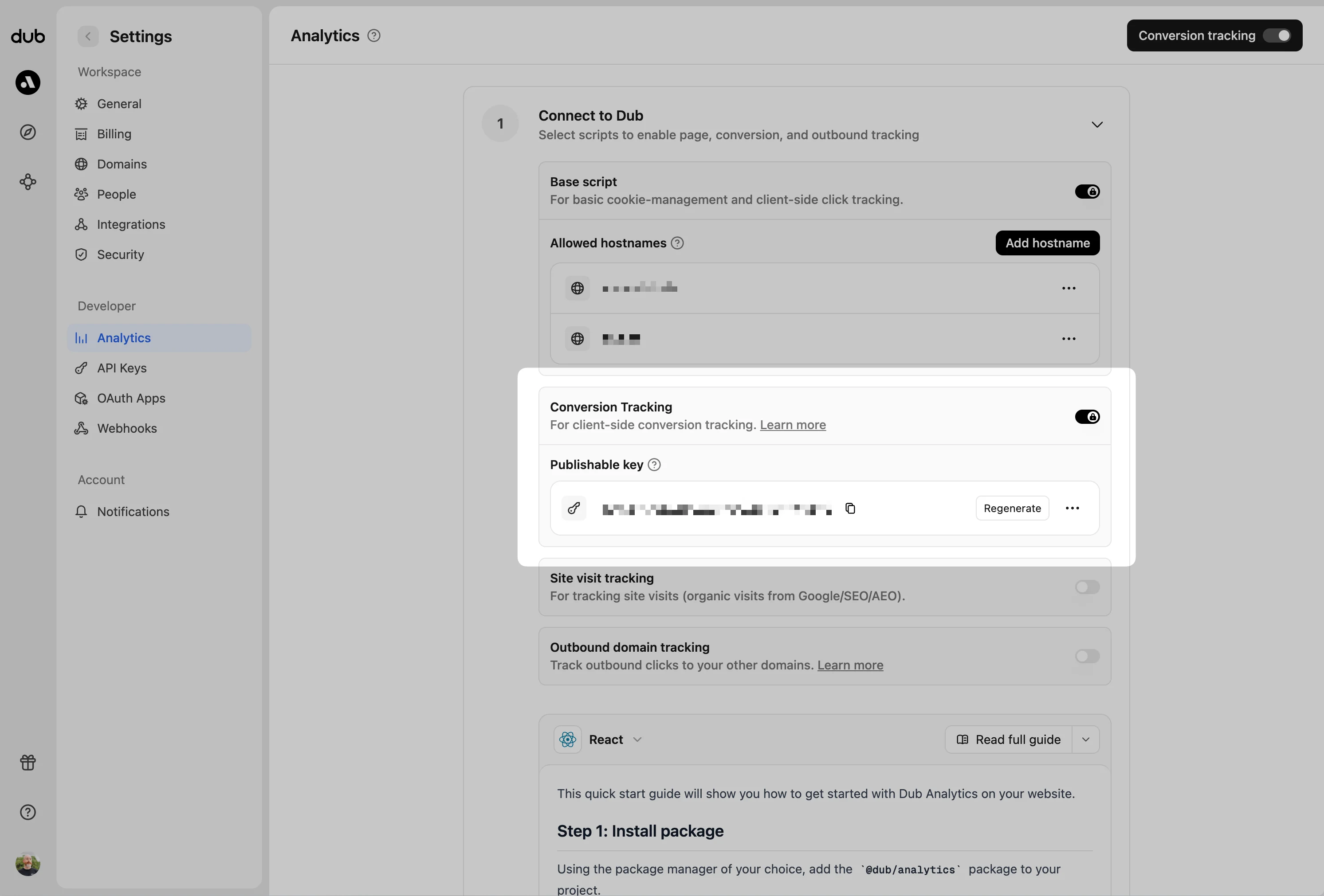 Enabling conversion tracking for a workspace