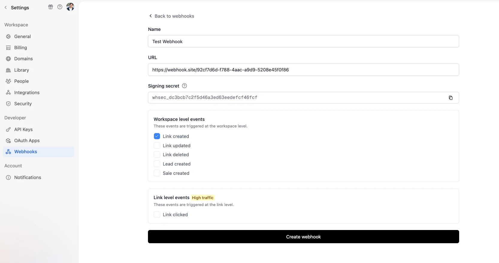 Create Webhook Form