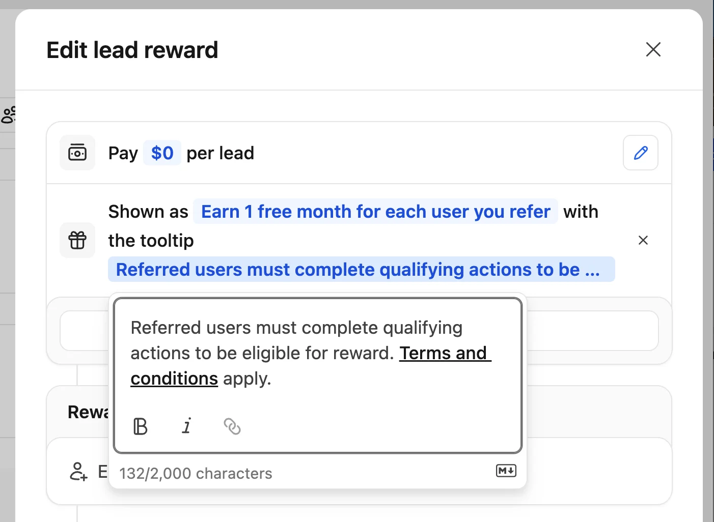 Lead reward description tooltip