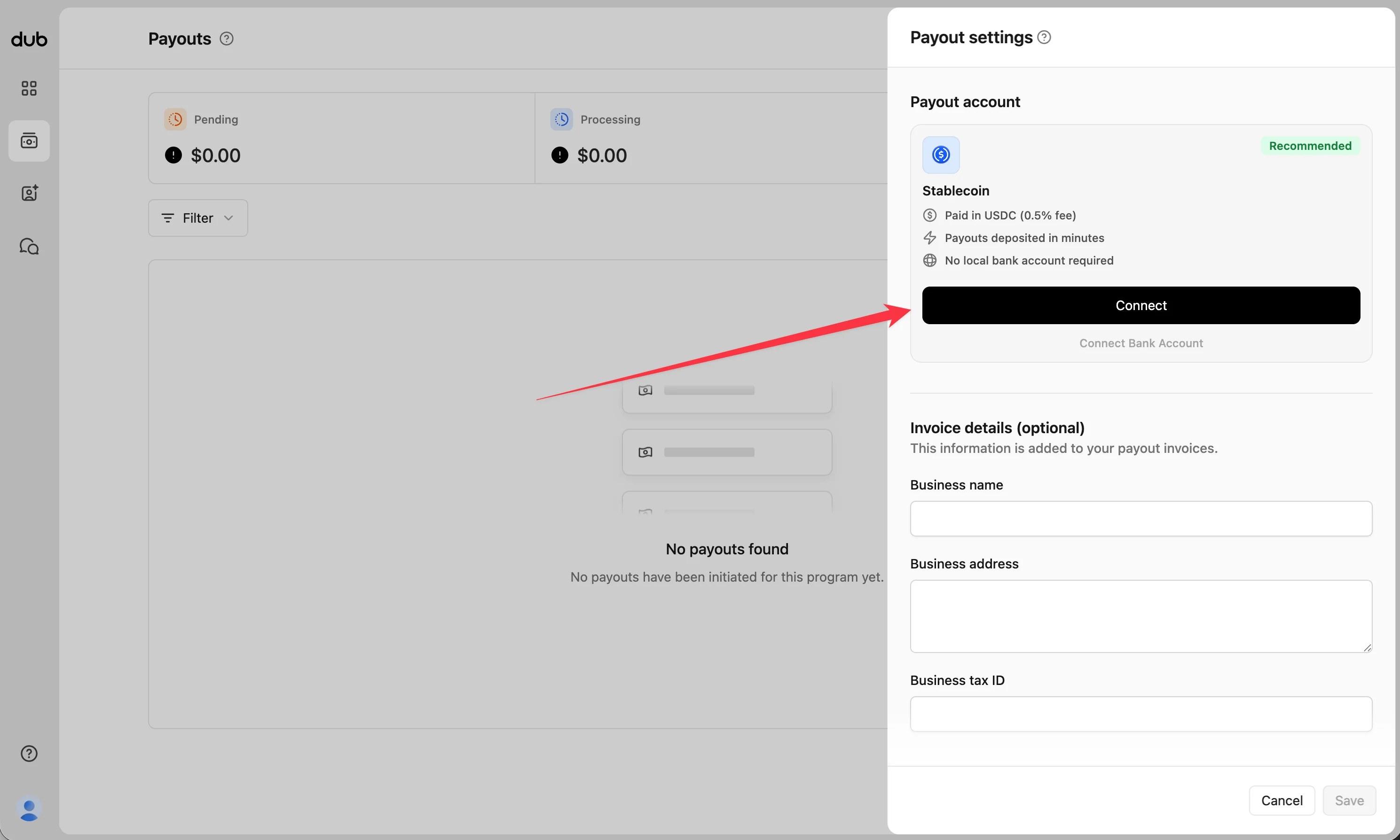 Payout settings stablecoin