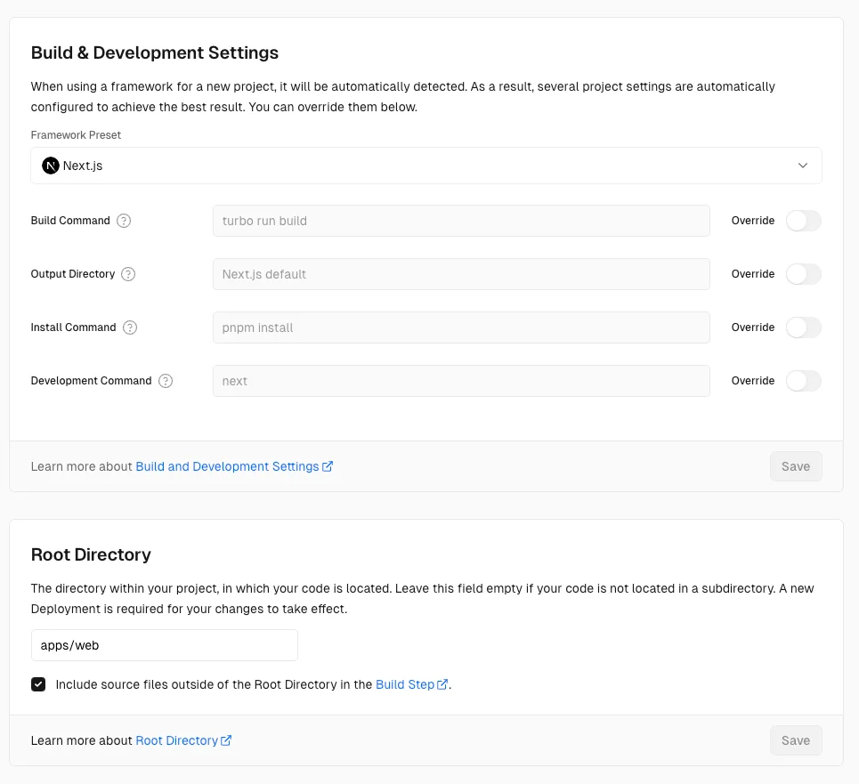 Vercel Deploy settings