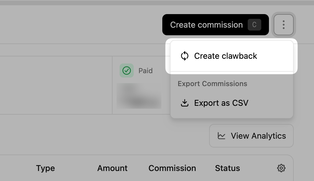 Commissions dropdown