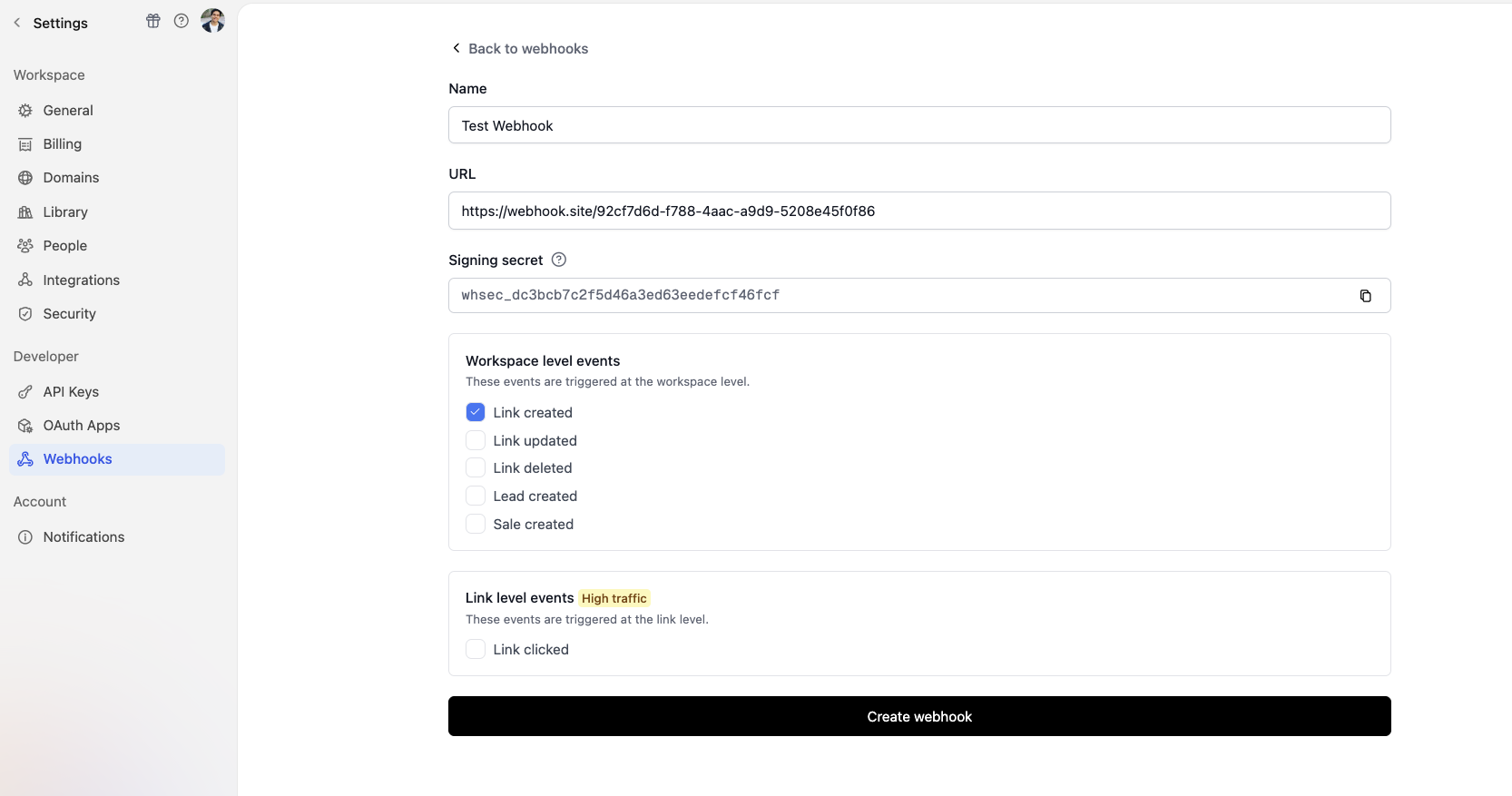 Create Webhook Form