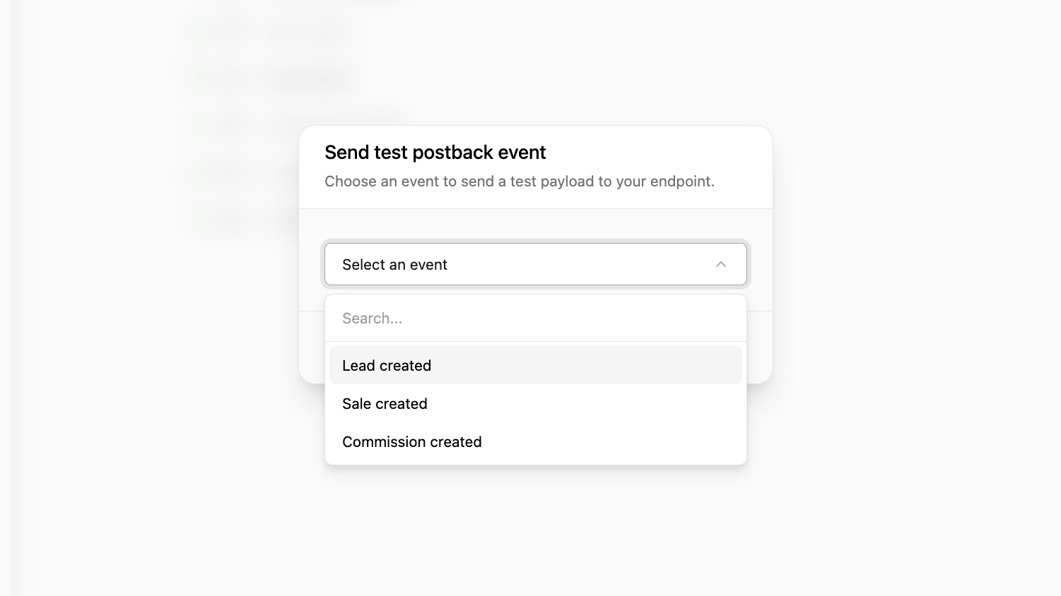 Send Test Postback Modal