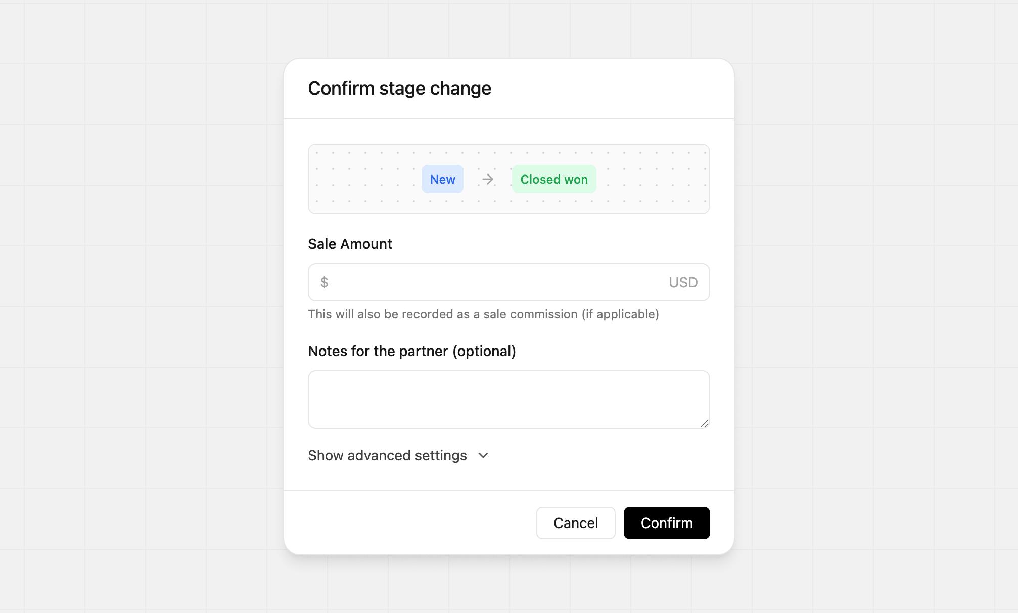 Status change modal closed won