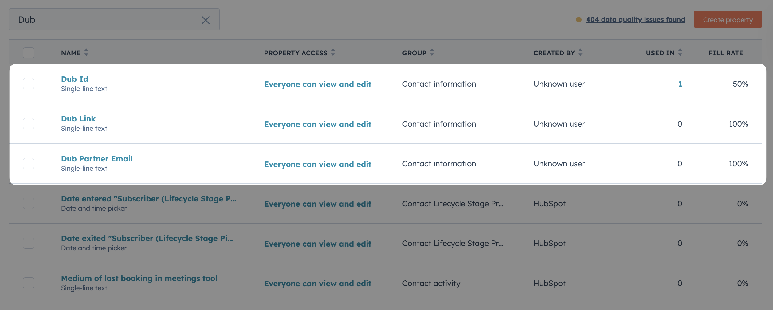 HubSpot Contact Properties Created by Dub Integration