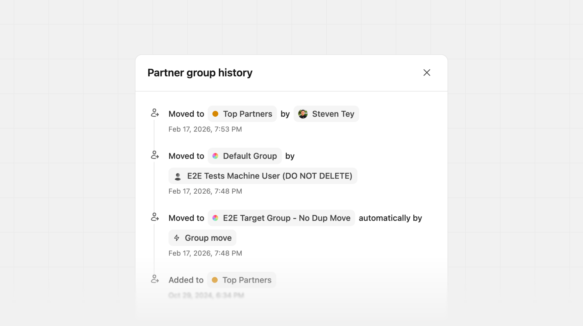 Partner profile page group history