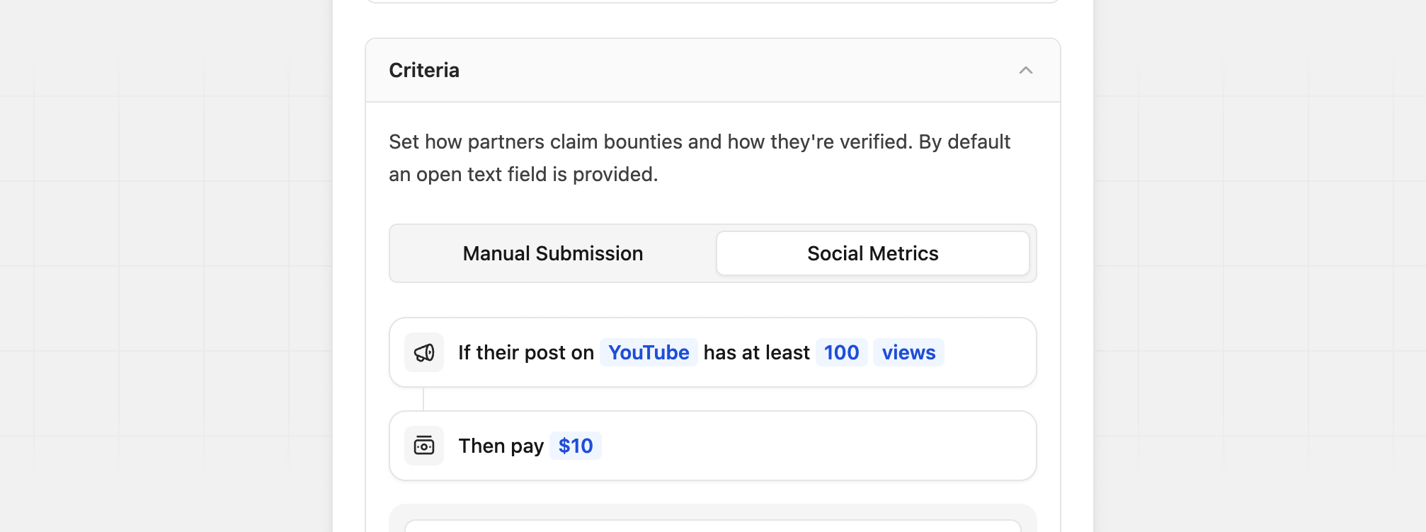 Social metric — populated state with platform and target metric selected