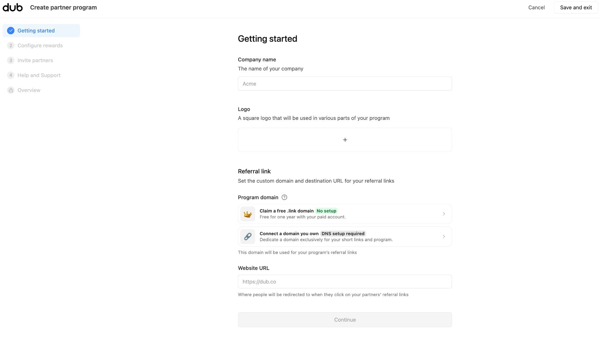 Getting started step in Create partner program