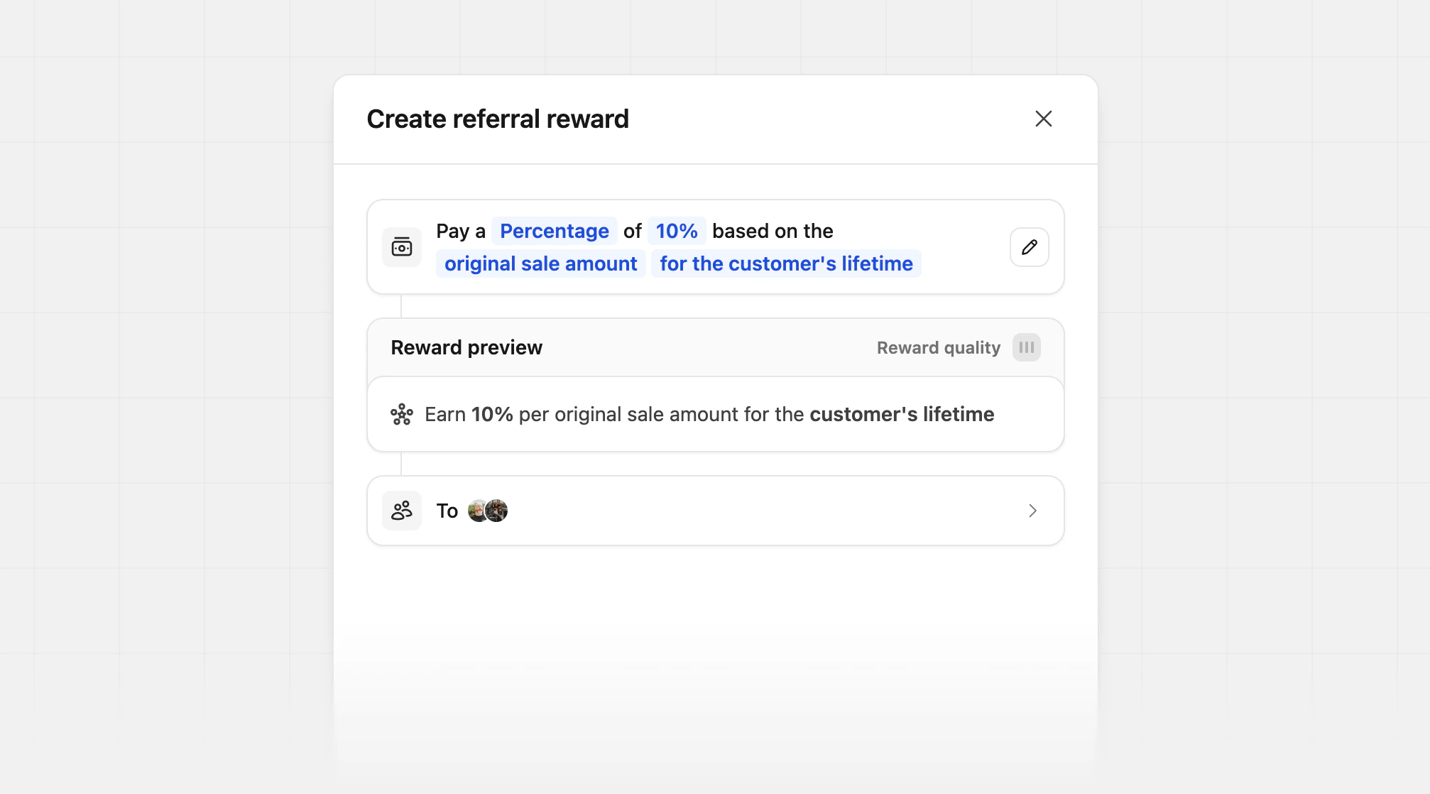 Referral reward original sale amount