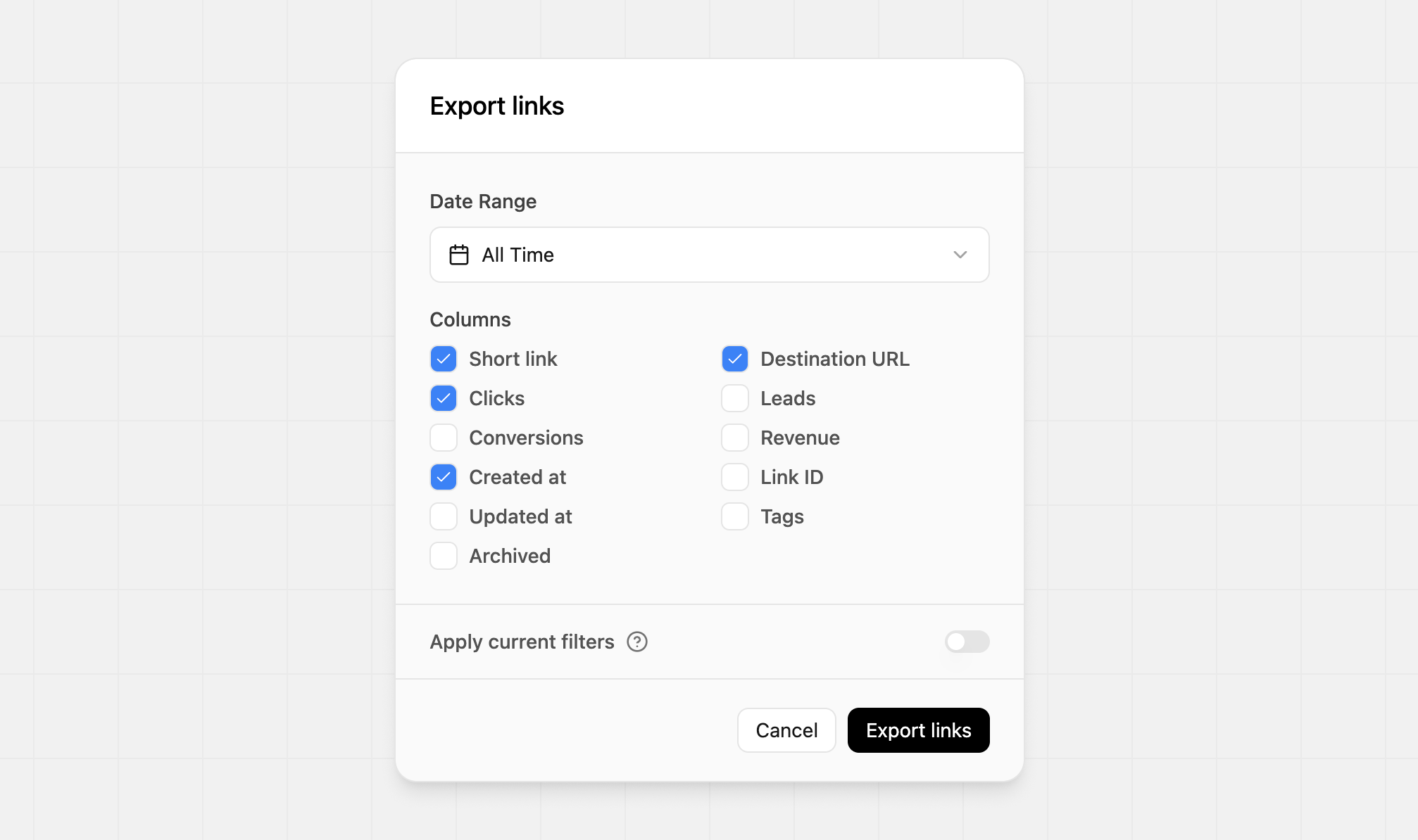 Select the date range for the links you want to export