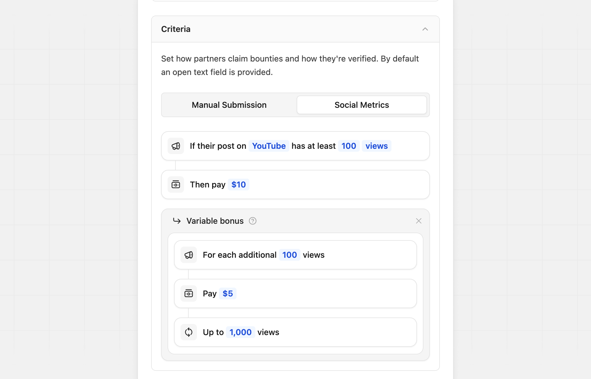 Social metric — variable bonus configuration