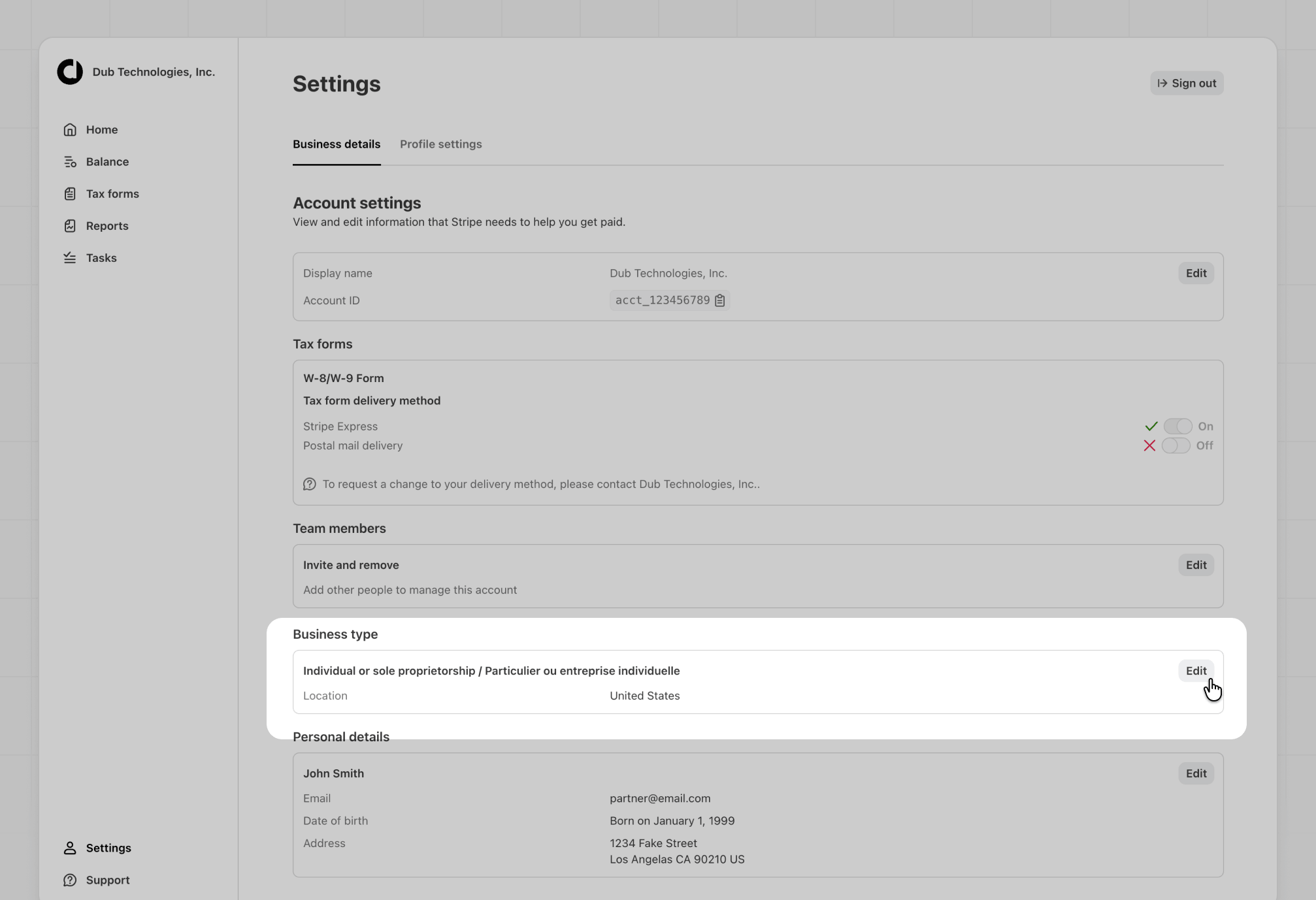 Stripe Express settings page