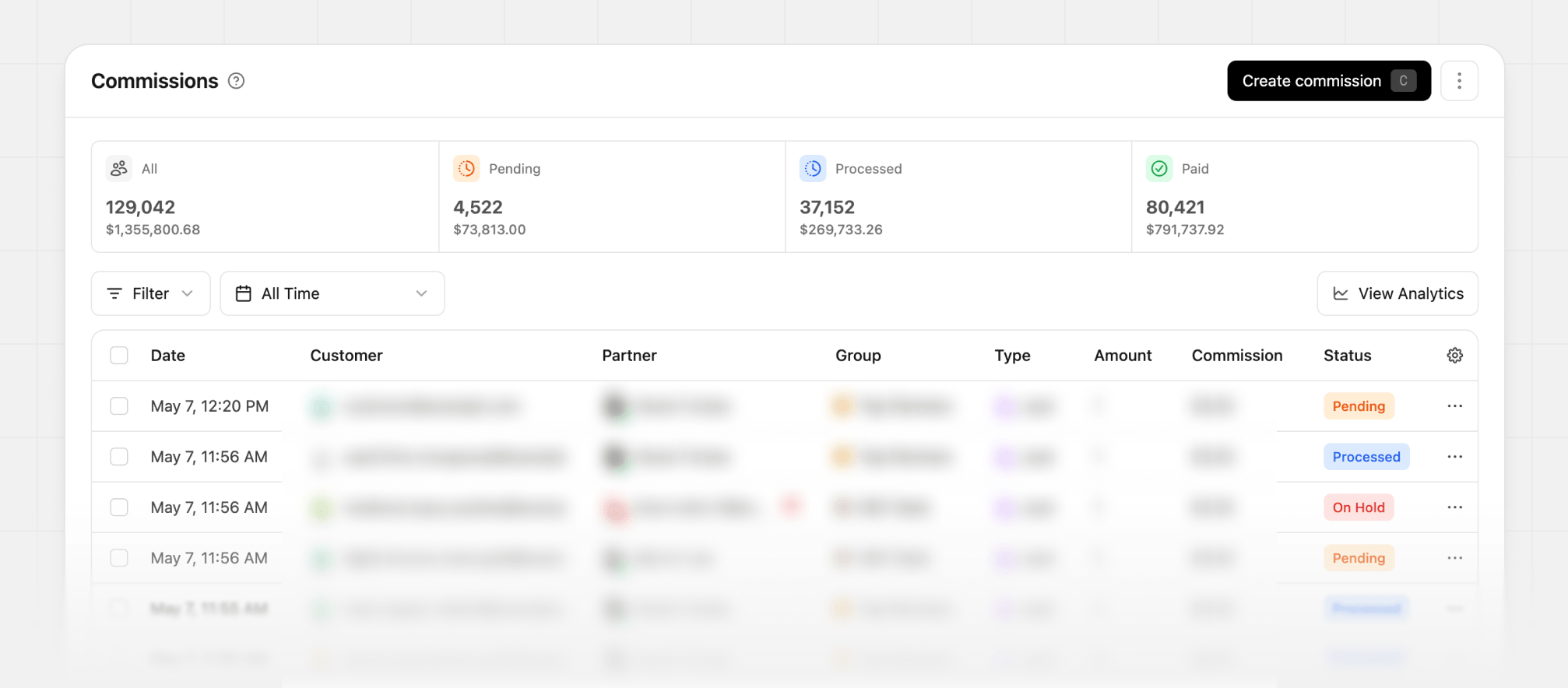 Commissions page within your dashboard