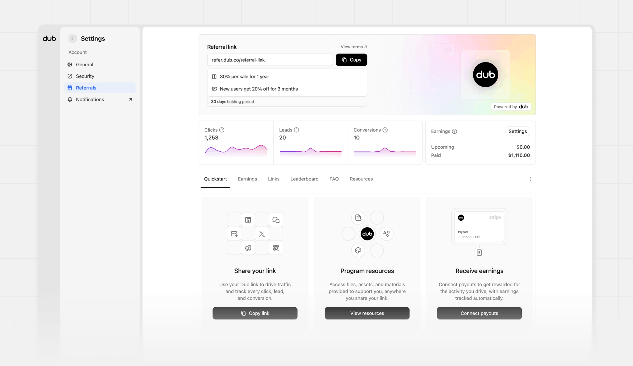 A demo of the Dub Referrals dashboard