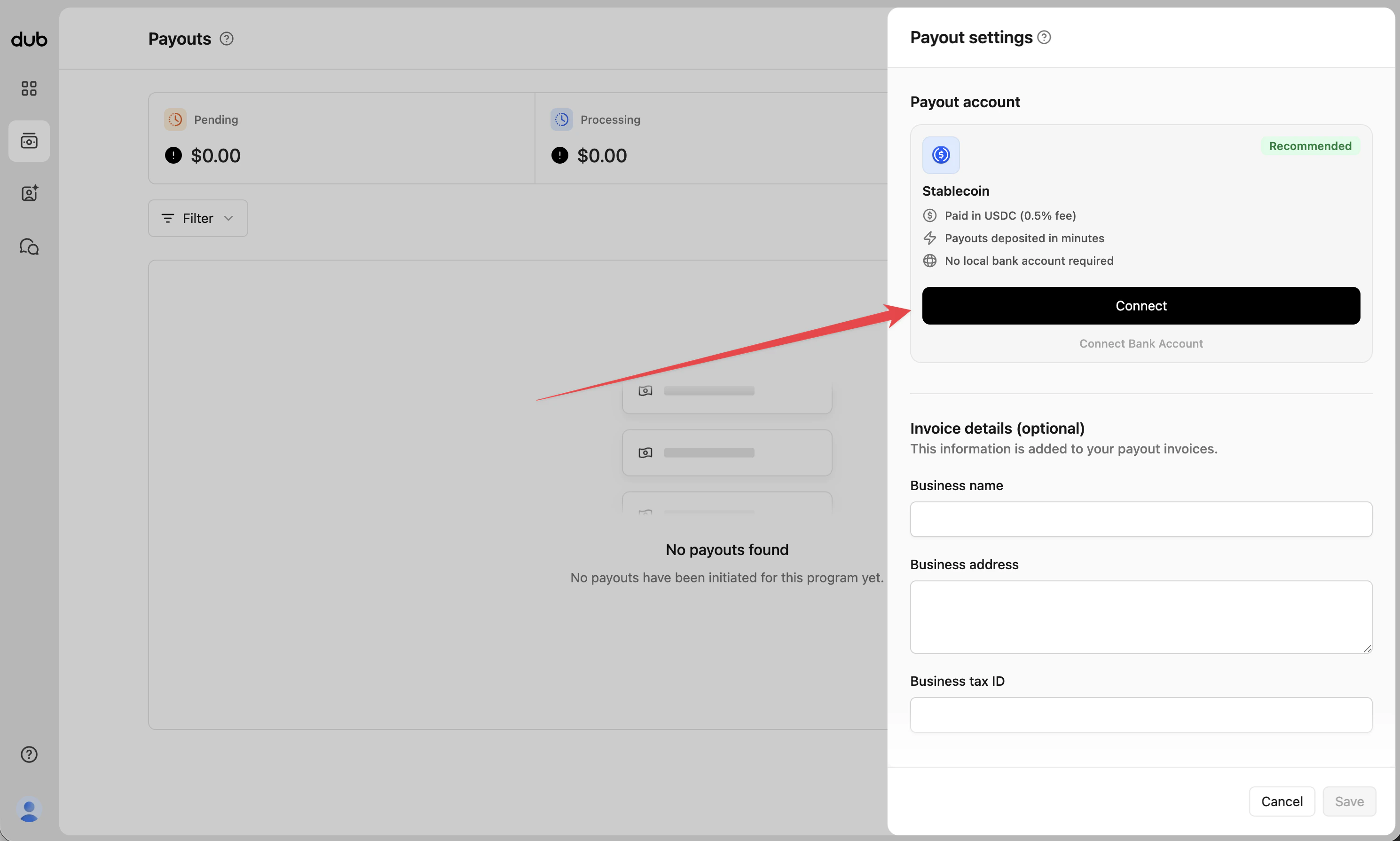 Payout settings stablecoin