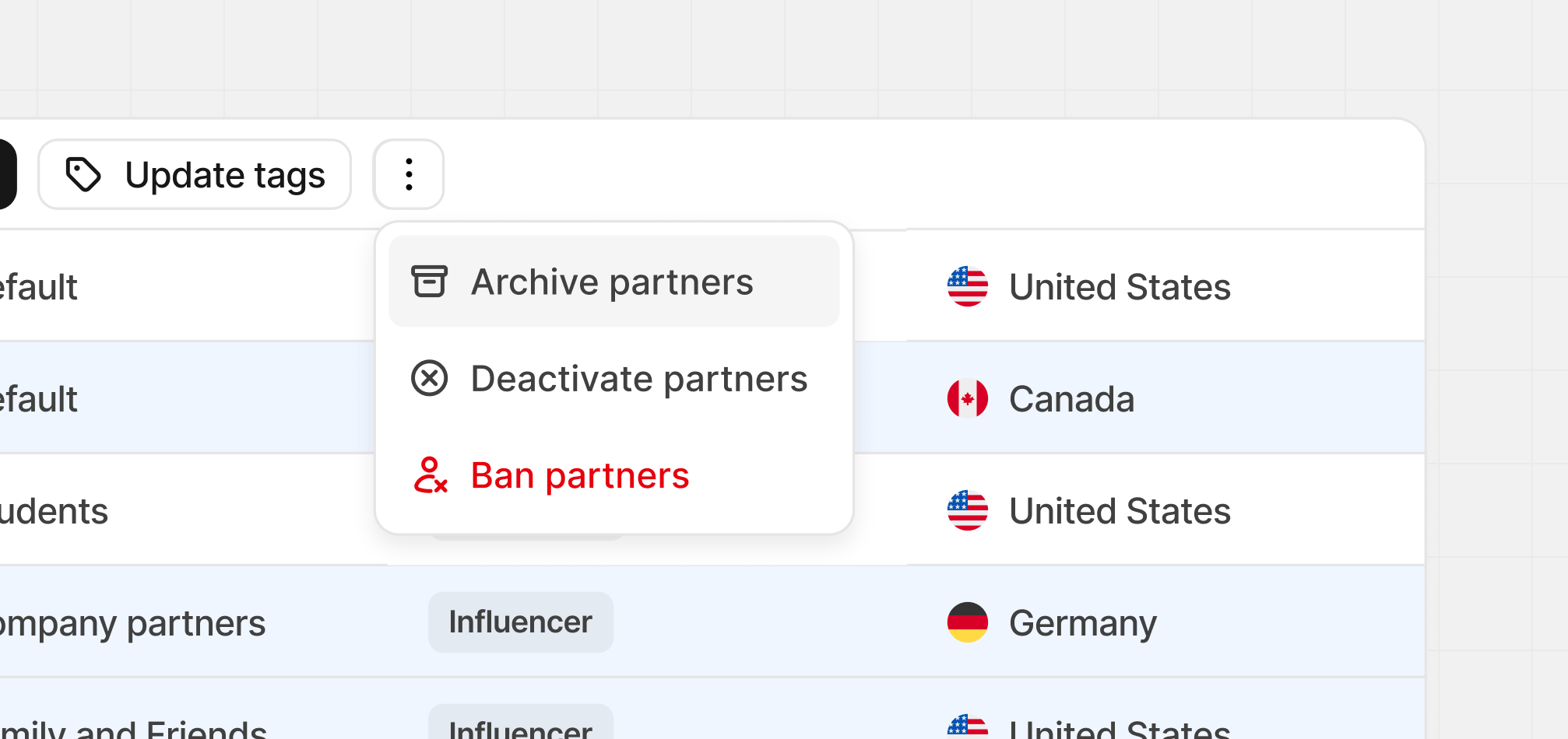 Bulk action dropdown in the partner table