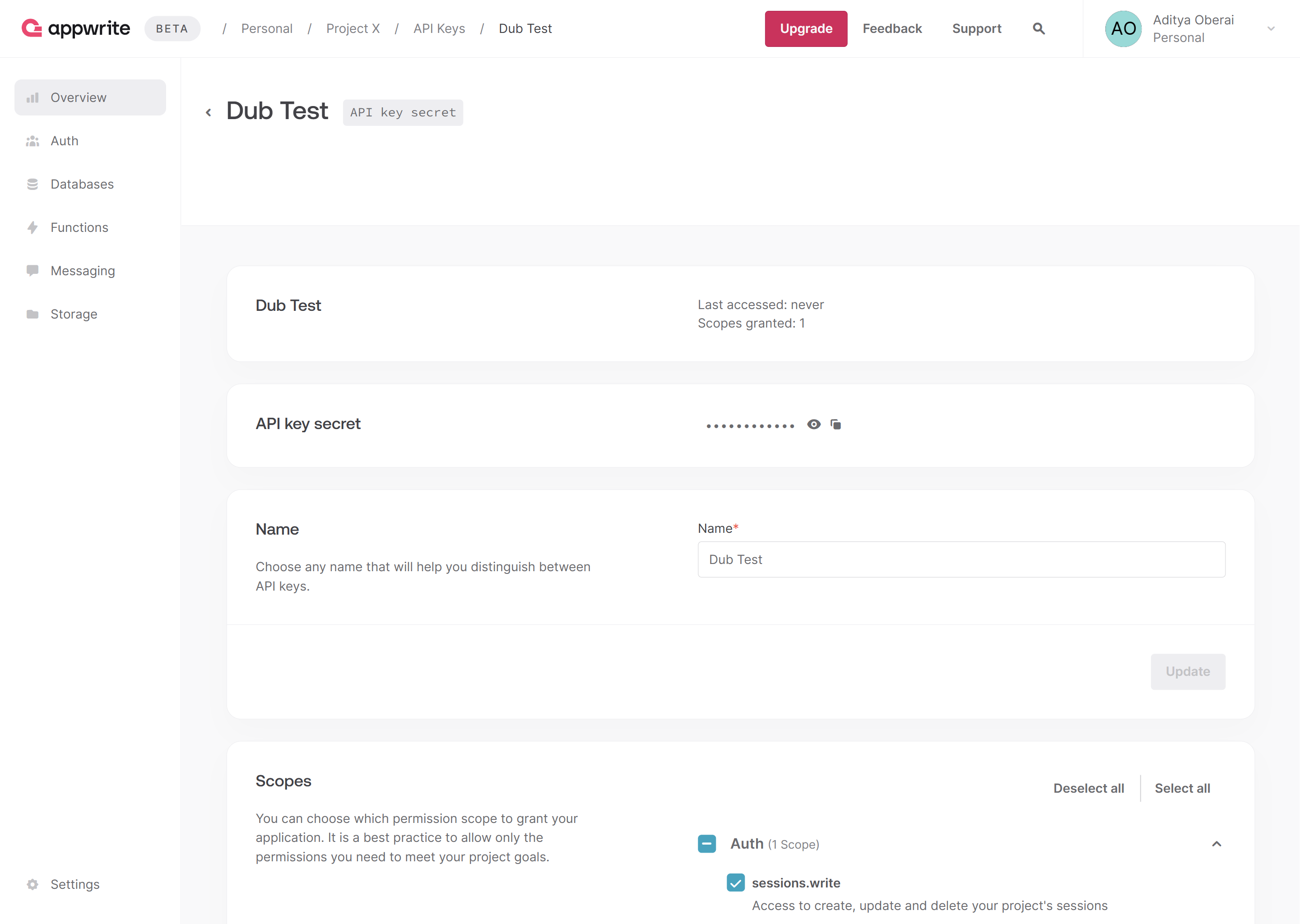 API key in your project on Appwrite Cloud
