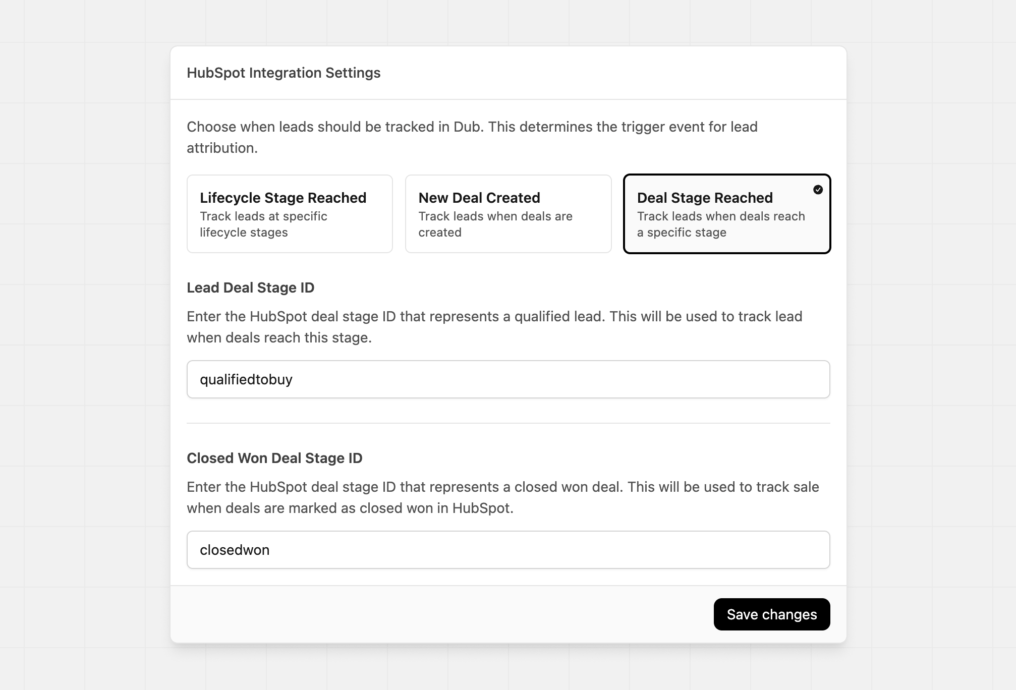 HubSpot Integration Settings with Deal Stage Reached selected