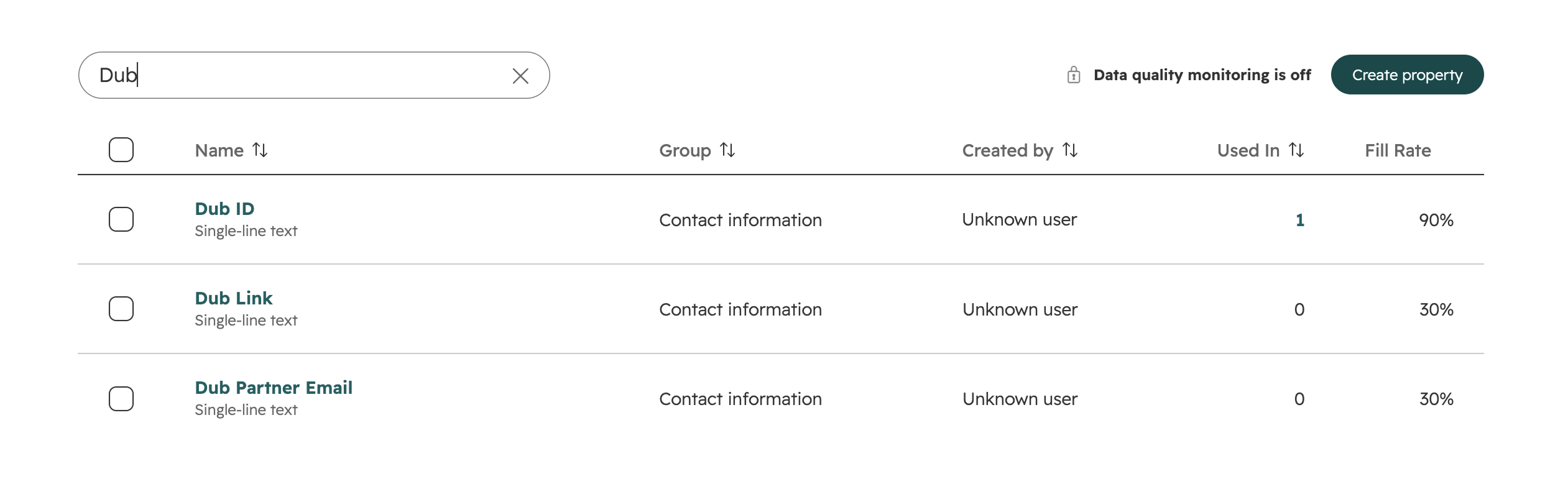 HubSpot Contact Properties Created by Dub Integration