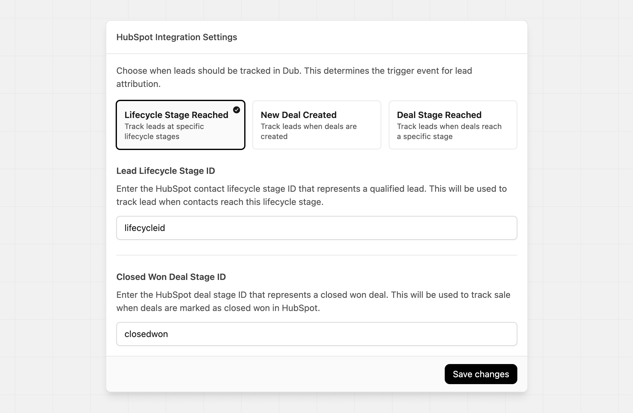 HubSpot Integration Settings with Lifecycle Stage Reached selected