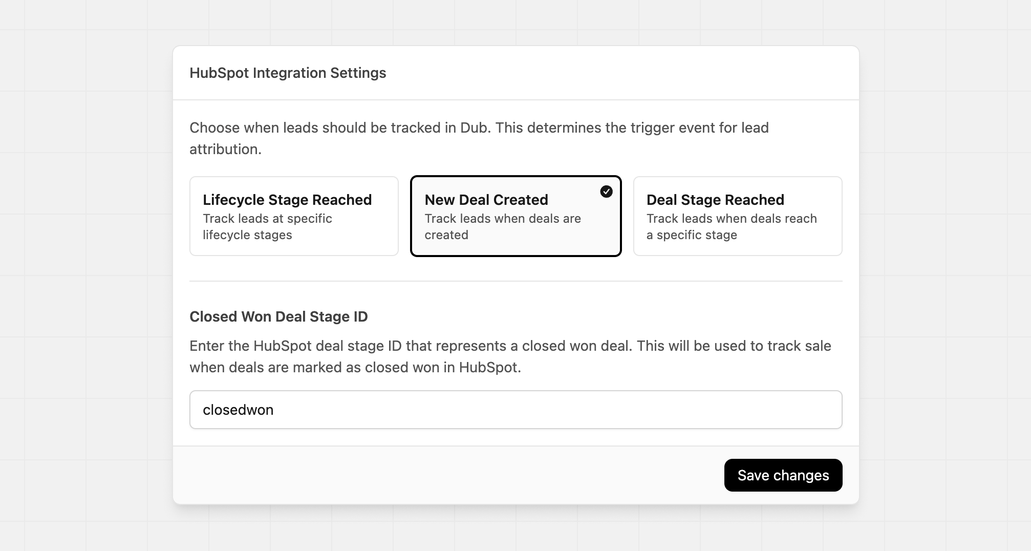 HubSpot Integration Settings with New Deal Created selected