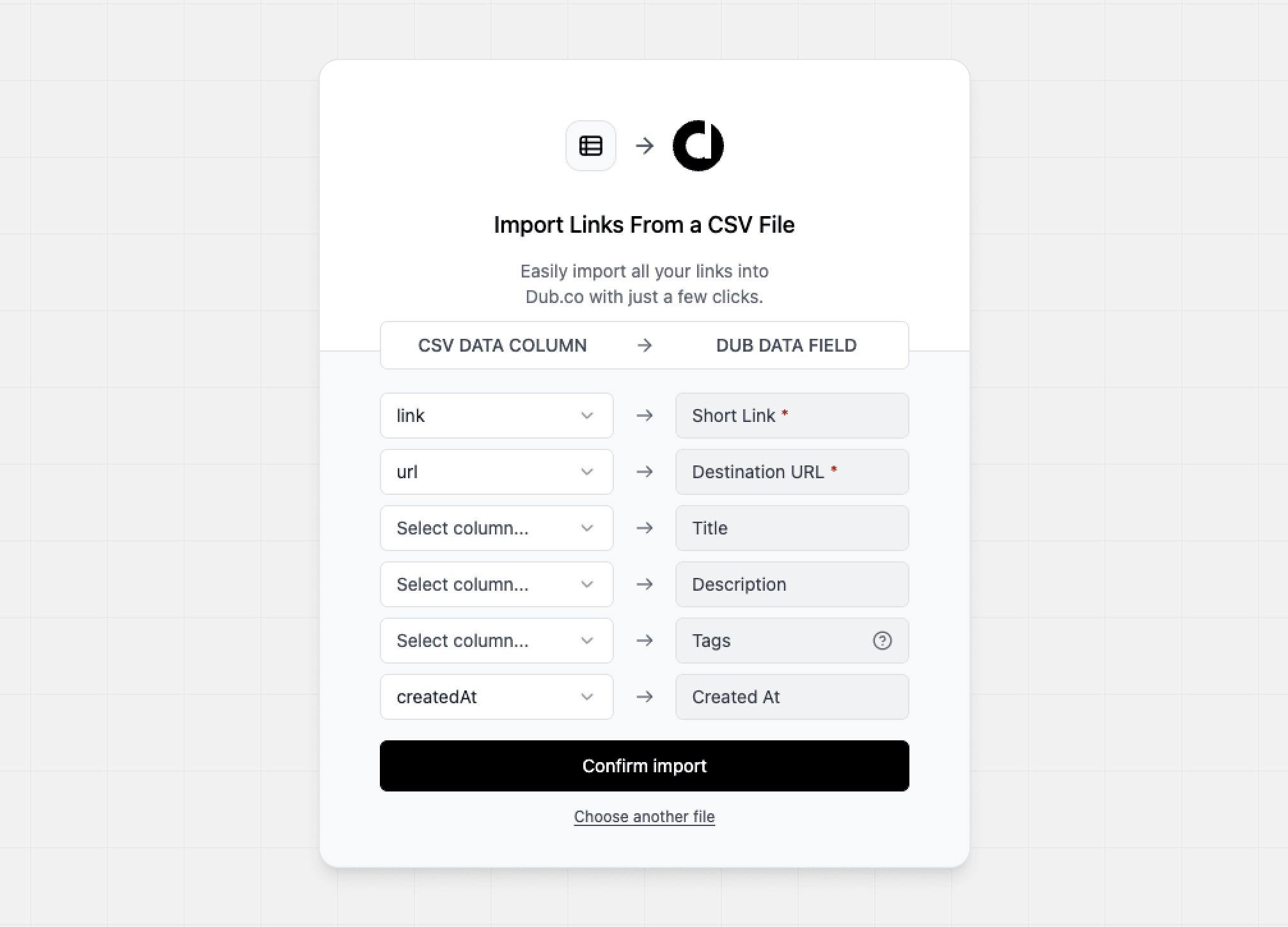 CSV import column mapping