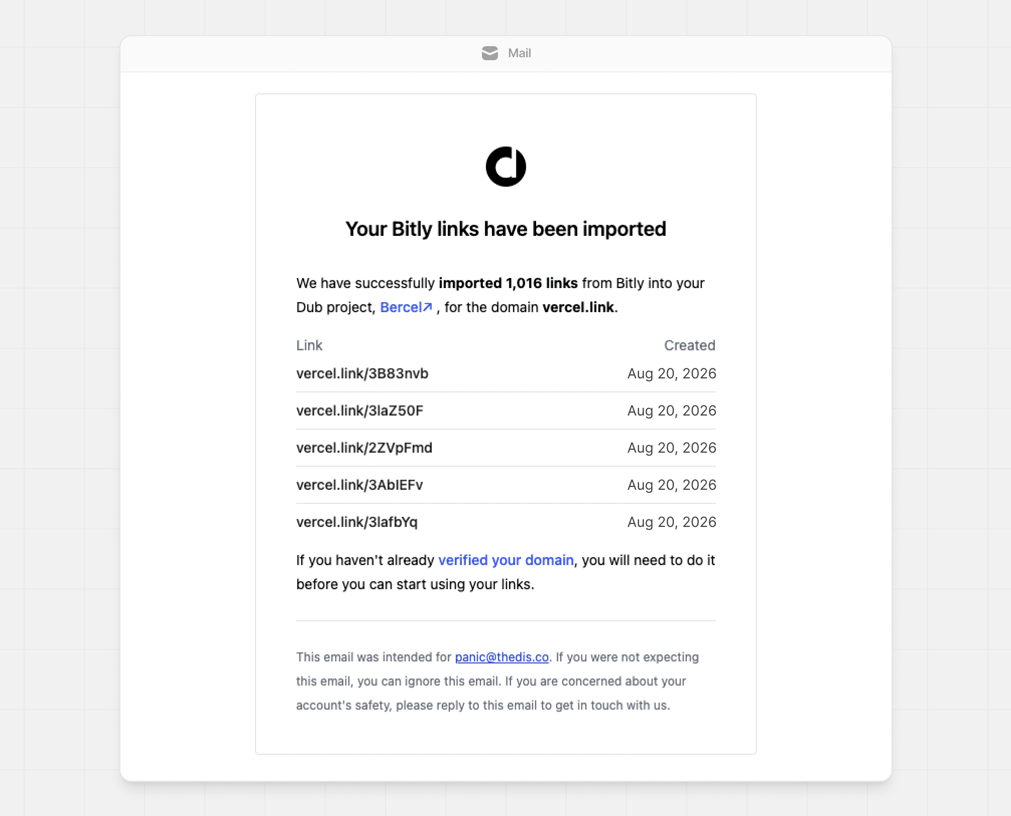 Email notification about completed Bitly migration