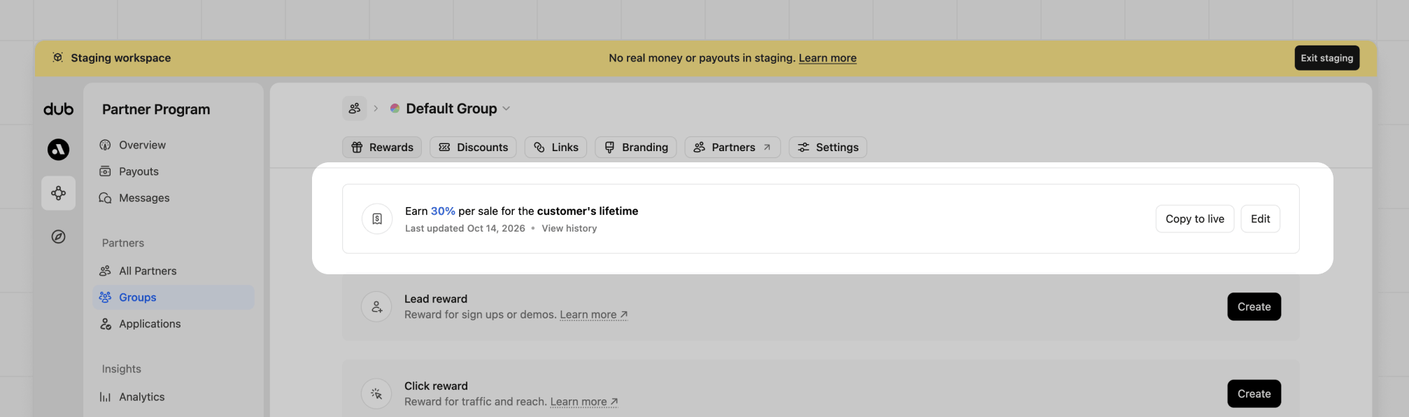Copy to live button in a staging partner group