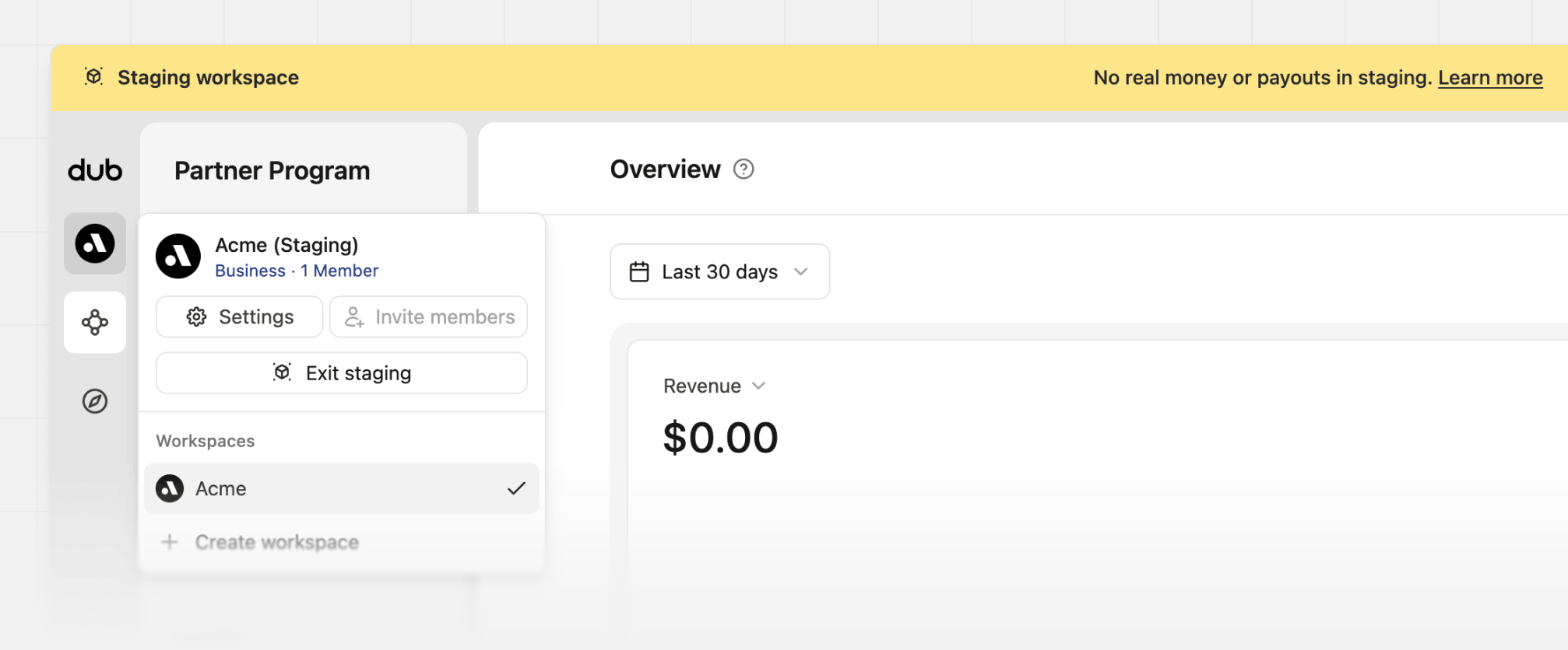 Workspace dropdown menu with Exit staging option highlighted
