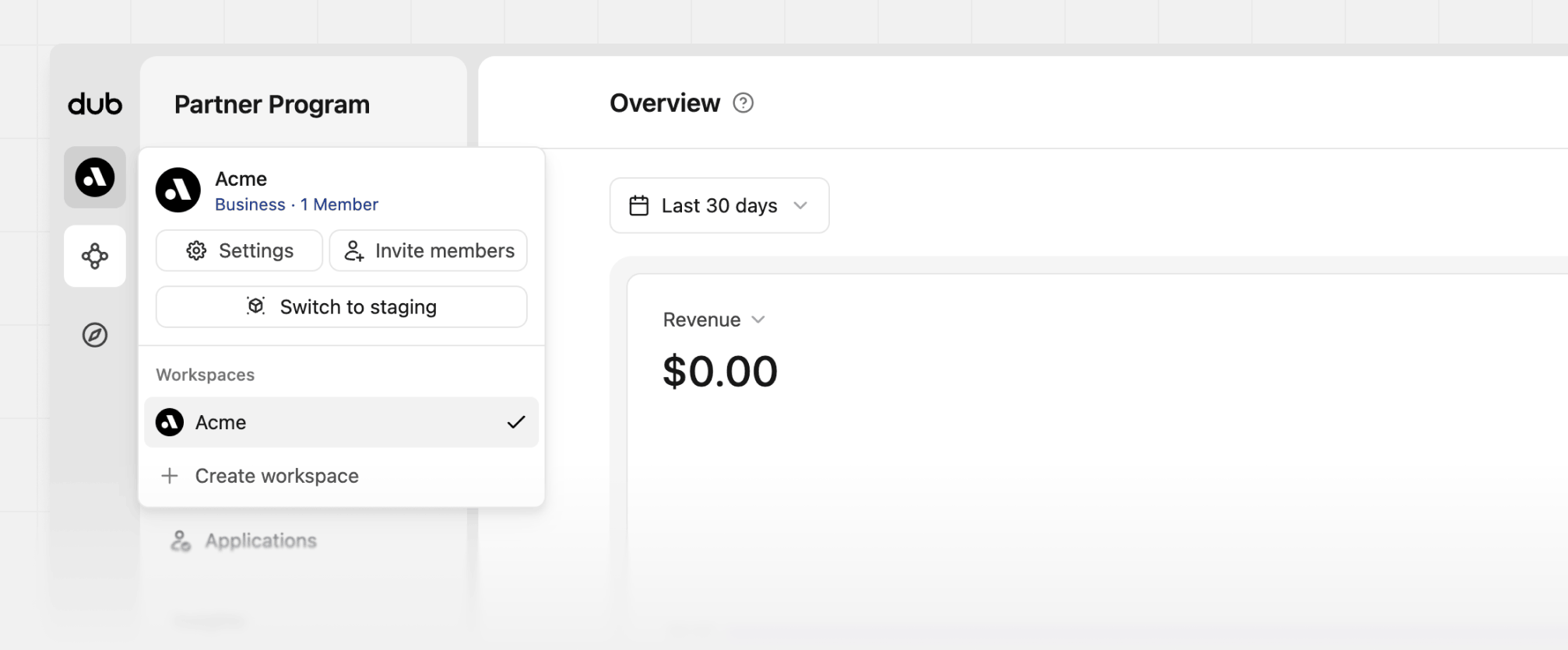 Workspace dropdown menu with Switch to staging option highlighted