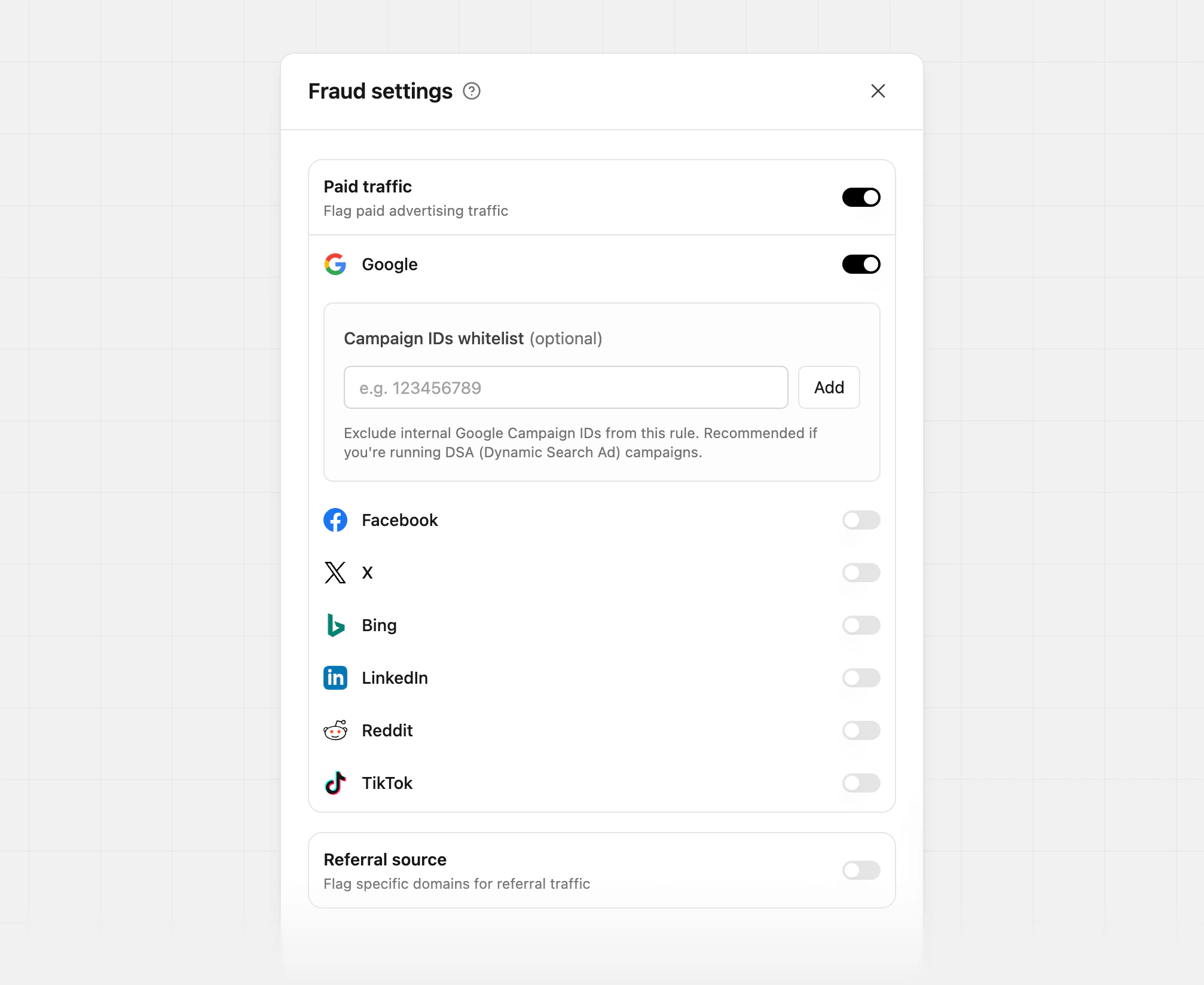 Fraud settings paid traffic